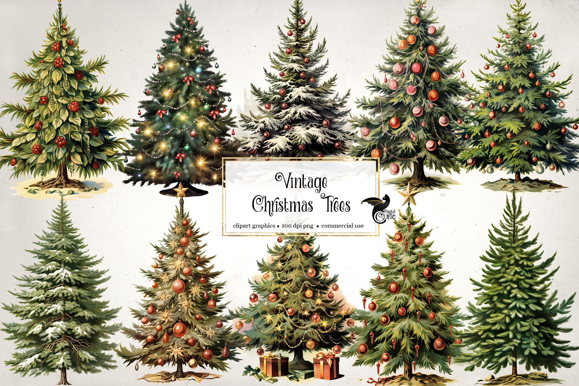 Vintage Christmas Trees Clipart - antique winter holiday clip art in PNG format instant download for commercial use