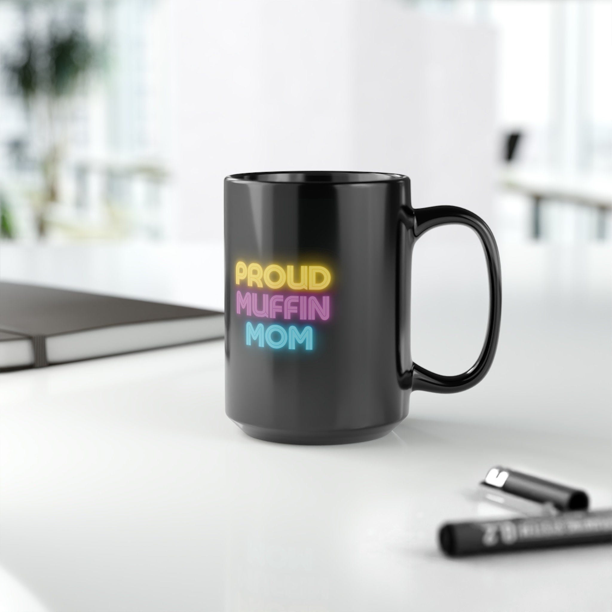 Bluey Proud Muffin Mom Glossy Black Mug with Neon writing, flamingo queen, 15oz | 440ml