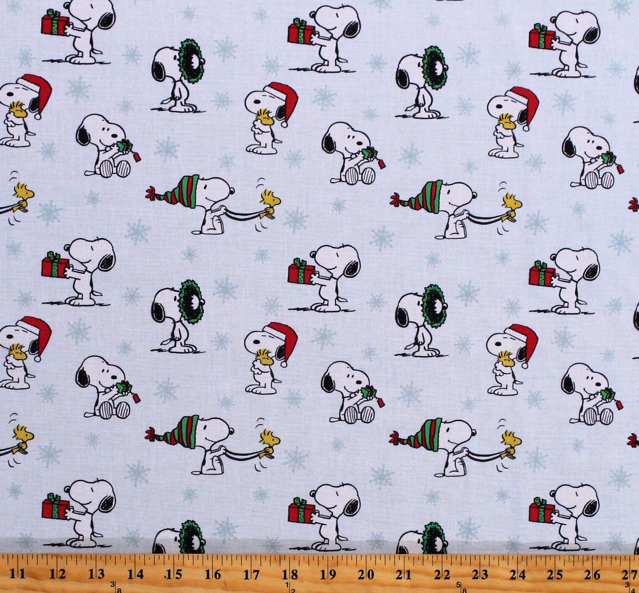 Cotton Peanuts Christmas Snoopy Woodstock Gifts Presents Wreaths Snowflakes Light Blue Kids Fabric Print by the Yard (77342-A620715) D403.33