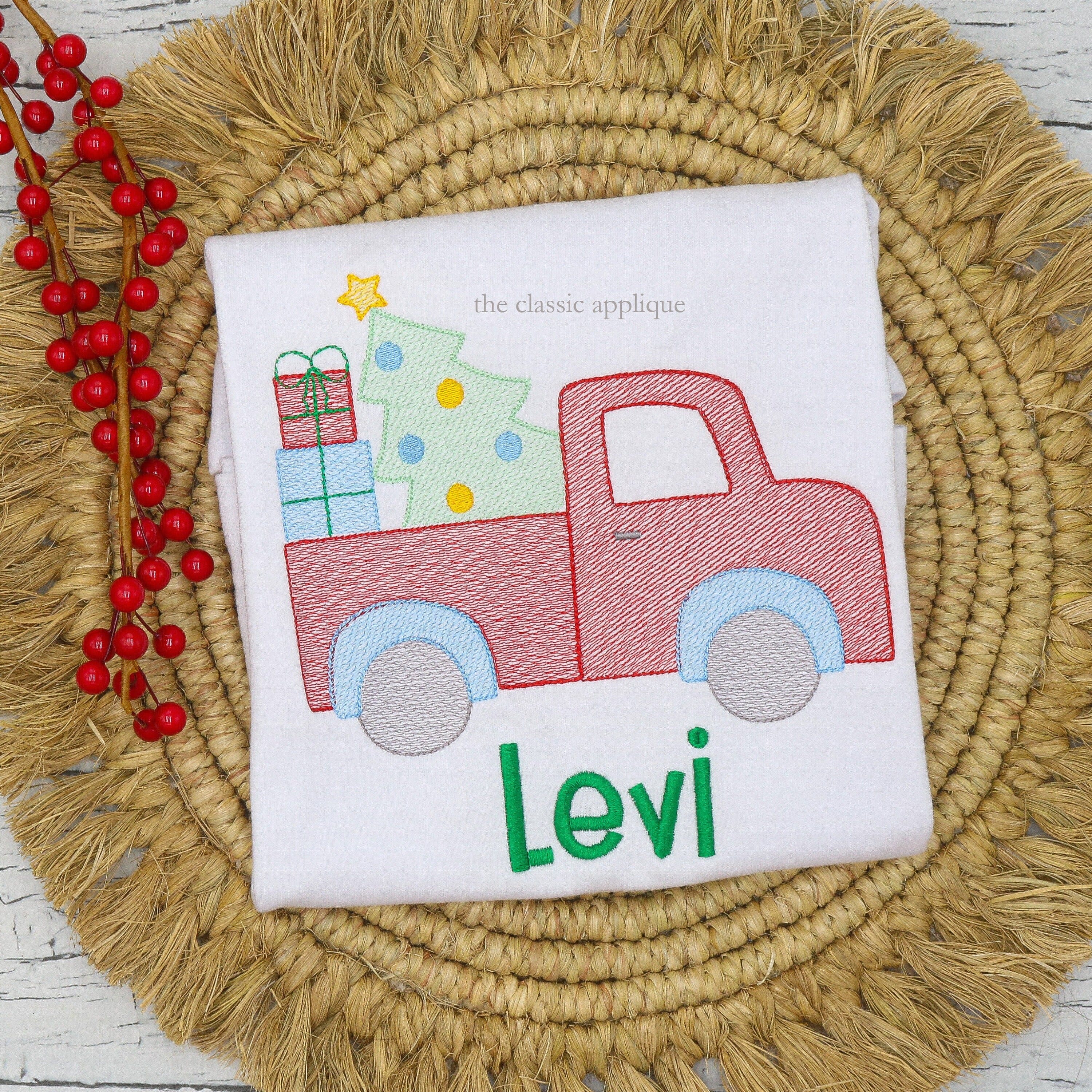 Christmas truck with Christmas tree and presents sketch fill, light fill quick stitch machine embroidery design file