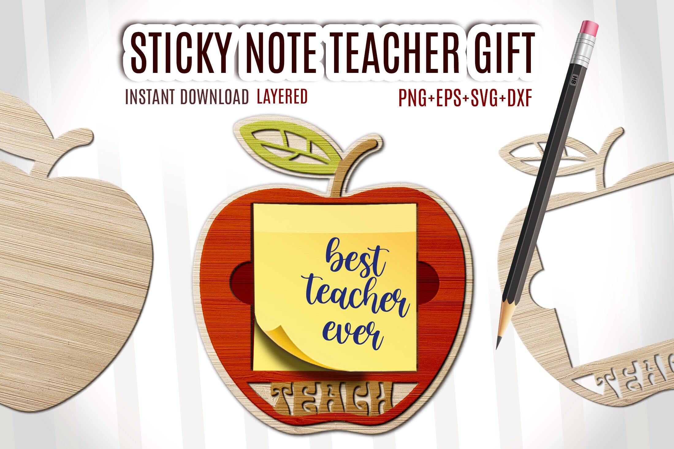 Teacher Apple Sticky Note Holder SVG, Teacher Appreciation Gifts Cut File, Note Pad Svg, Teacher Svg, Pencil Svg, Glowforge Svg, Laser Cut