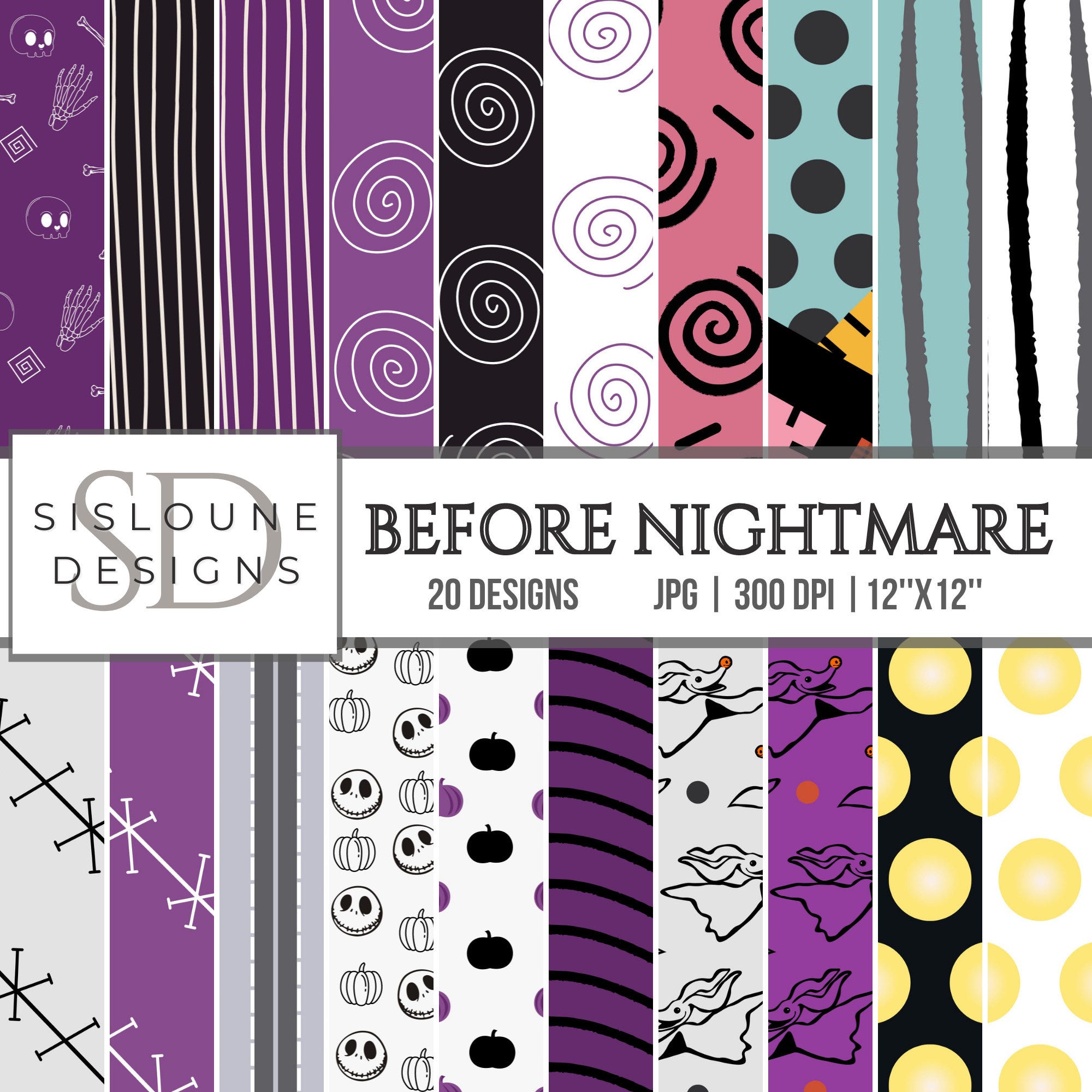 SALE Before Nightmare Themed Printable Digital Paper Pack, Scrapbook Paper, 300 DPI, Digital patterns,Halloween Digital Paper