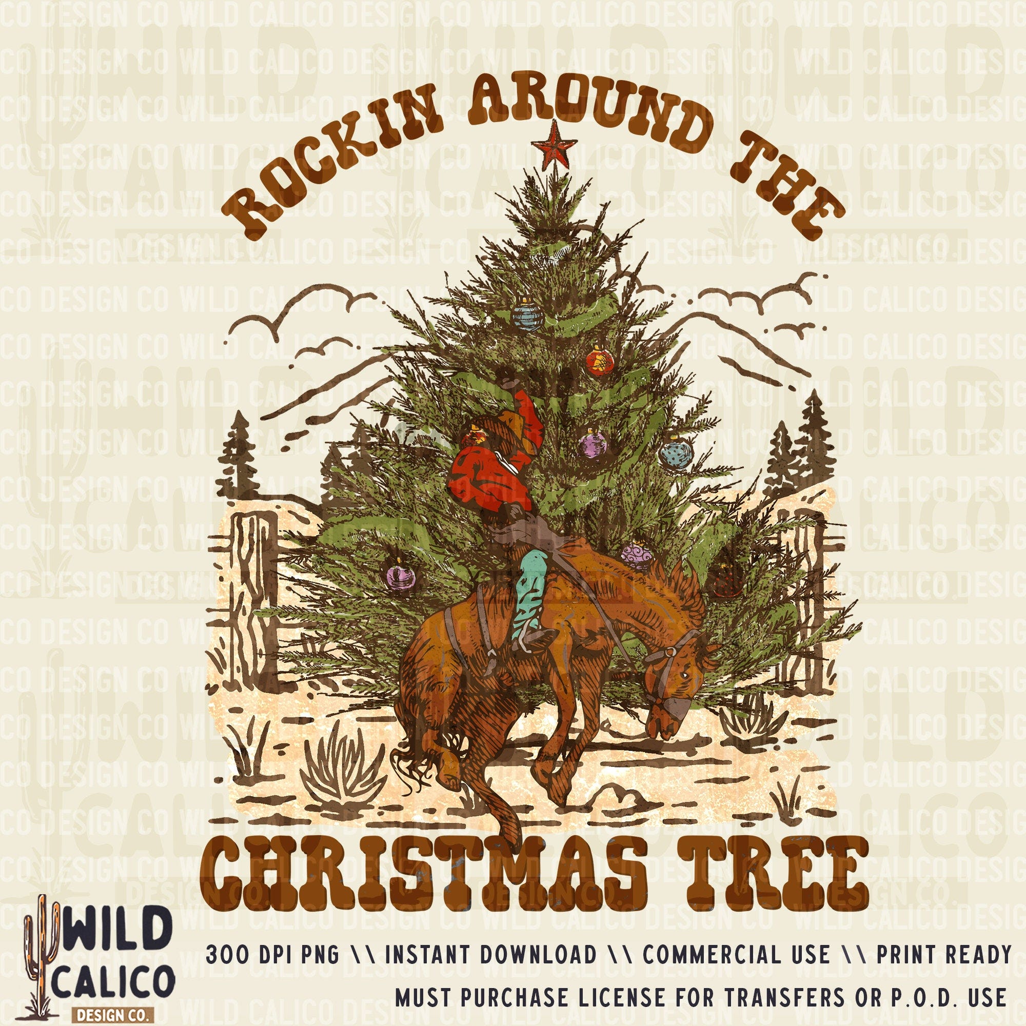 Rockin Around The Christmas Tree, Bronco Cowboy Rodeo | Western PNG Sublimations, Designs Downloads, PNG Clipart,  Sublimation Download