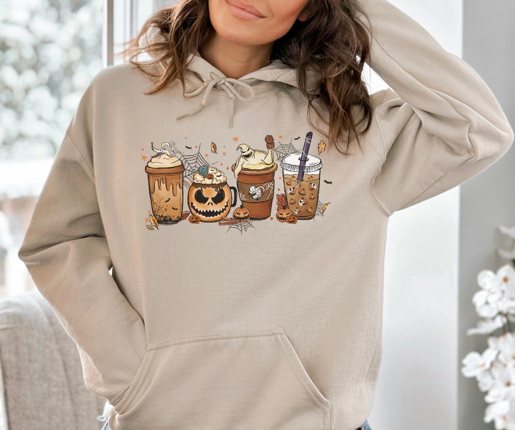 Disney Halloween Jack Skellington Nightmare Before Christmas Latte Sweatshirt | Sand and Black Crewneck Sweatshirts and Hoodies