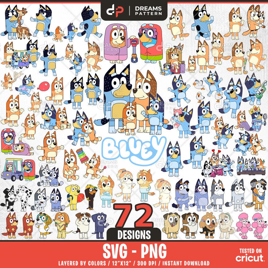 Blue Dog Family with Friends Svg, 72 Designs Easy to use, Cartoon Characters, Layered Svg by colors, Transparent Png, Cut files for Cricut.