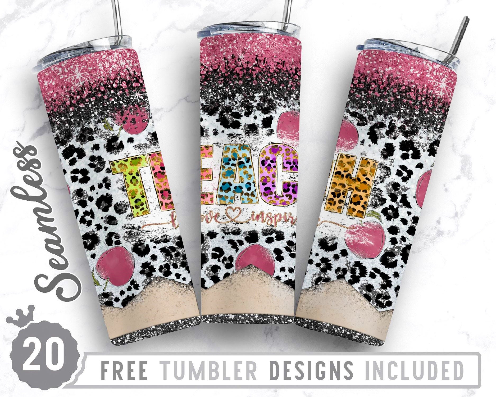 Teach Love Inspire 20oz Skinny Tumbler Wrap Design PNG, Straight&Tapered Tumbler Design,Digital Download,Teacher  Leopard Tumbler Design,Png