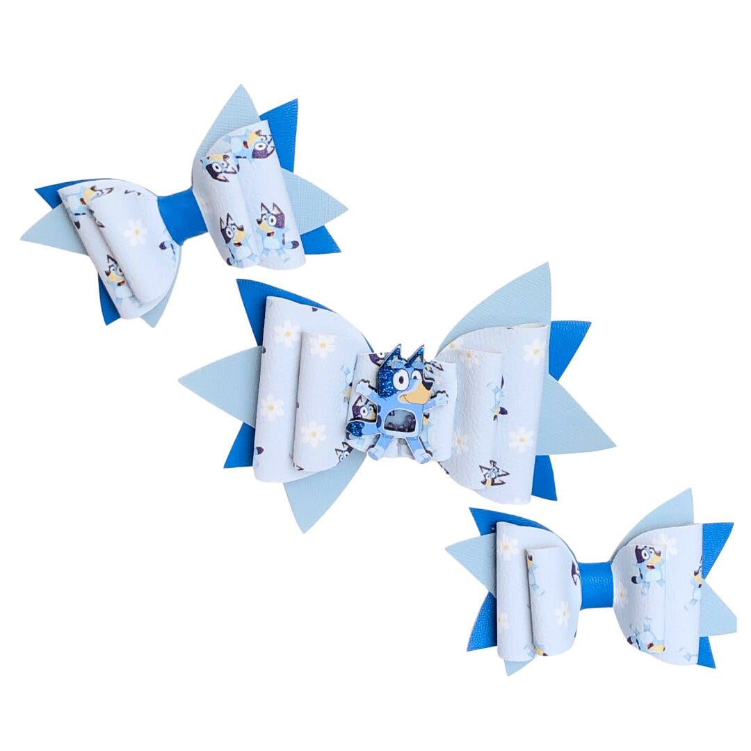 Bluey Hair Bows, Set of Three Bluey Dog Hair Bow Clip, Blue Dog Hair Bow, Puppy Cartoon Hair Bow, Toddler Blue Pigtail Bow, Bluey Bows