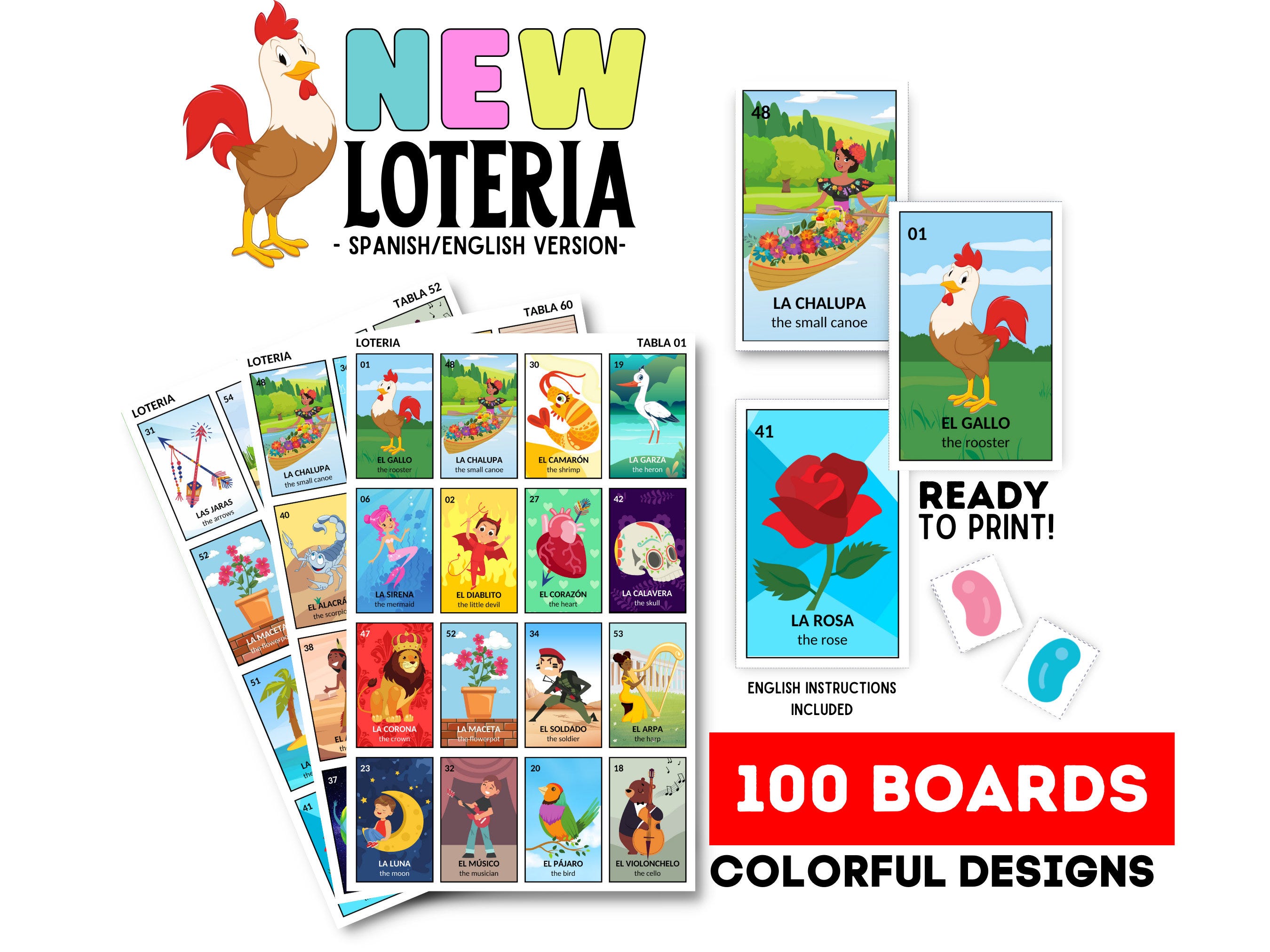 New Mexican Loteria, 100 Boards, Mexican Bingo, Bilingual Loteria, Mexican Theme Party, Kid Friendly, Cinco de Mayo, Día de la Independencia