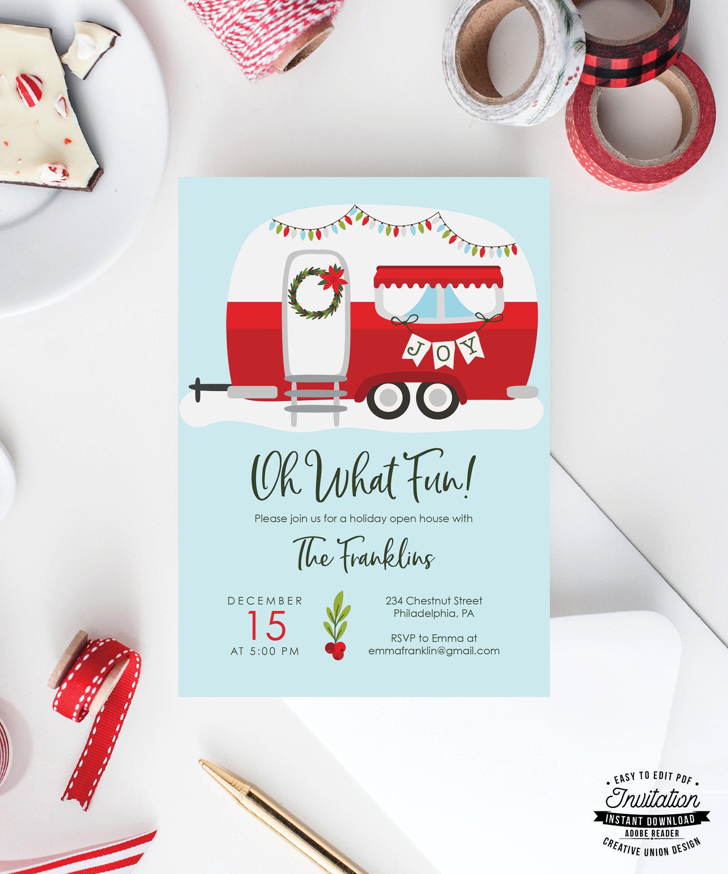 Holiday Party Invitation - Christmas Party Invites - Oh What Fun - Winter Birthday Invitation - Instant Download - Vintage Christmas Camper