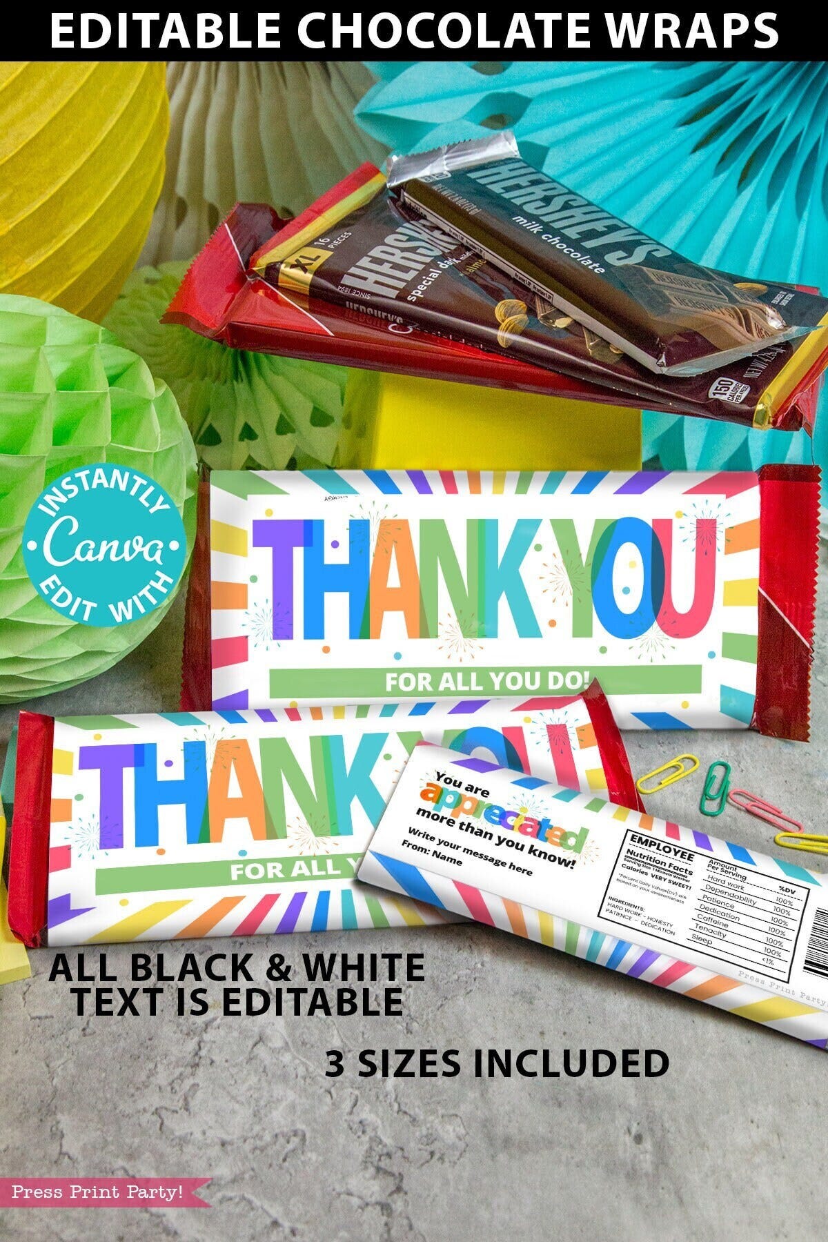 Thank You Chocolate Bar Wrap Printable Teacher Appreciation Week Gift for Staff Volunteer  Chocolate Editable Favor 3 Sizes Nutrition Facts
