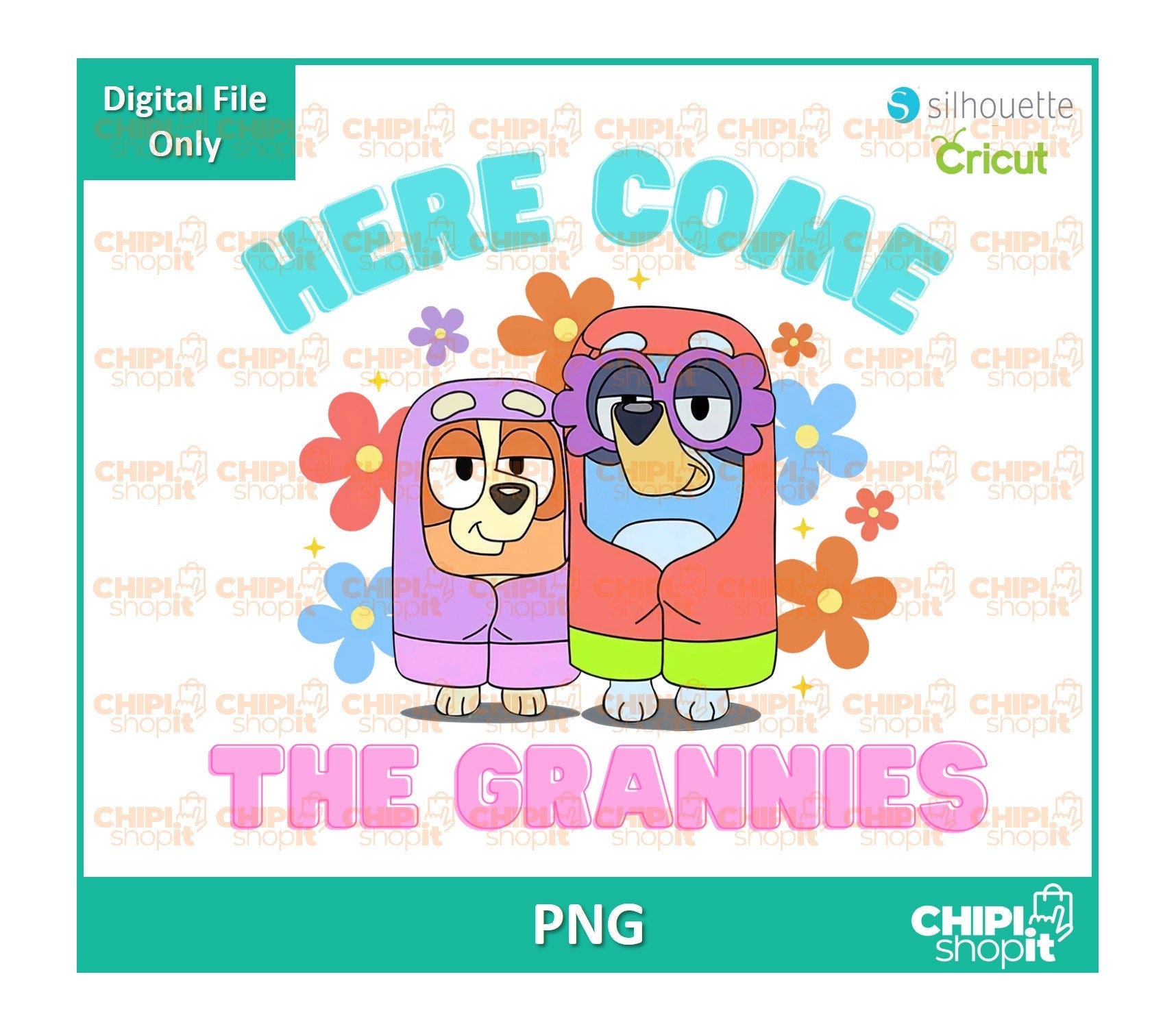 Here come The Grannies PNG, Blue and Orange Dog PNG file, Blue Dog and Friends PNG