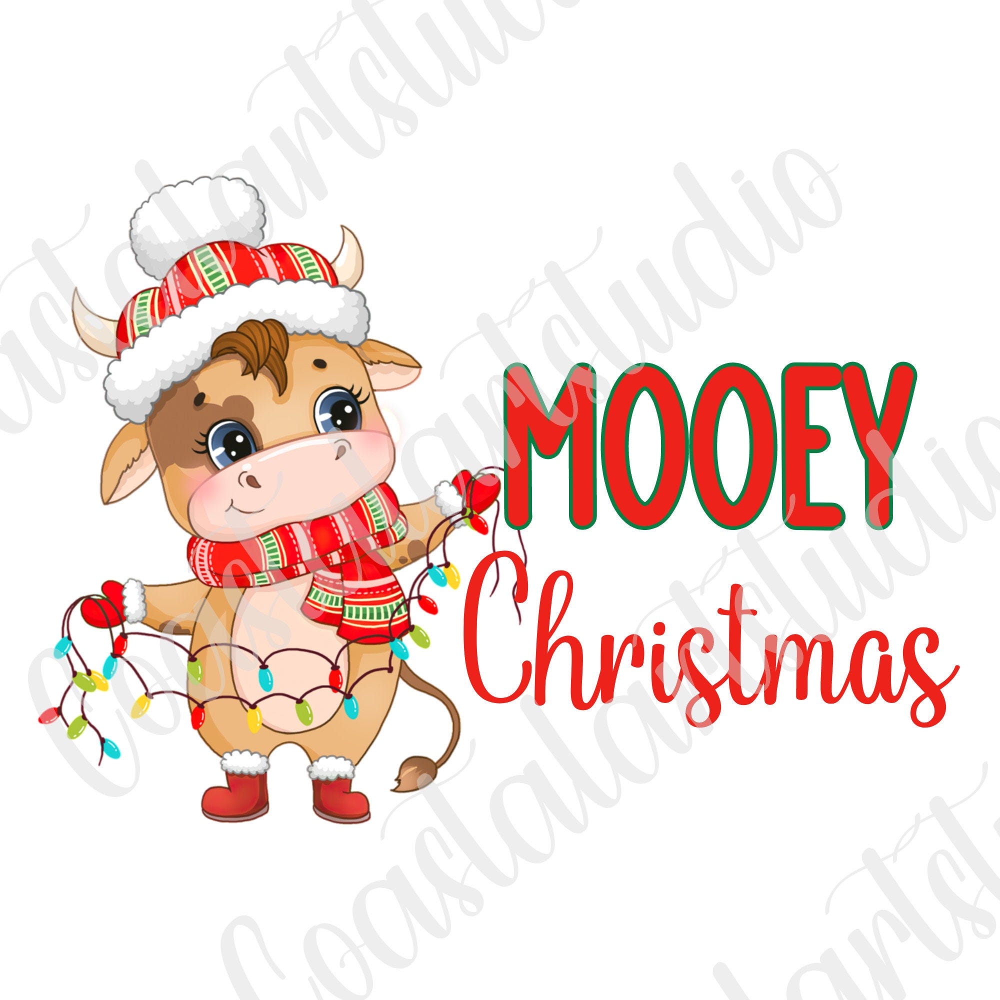 Mooey Christmas PNG cute cow holiday sublimation design Christmas lights cow graphic holiday clipart