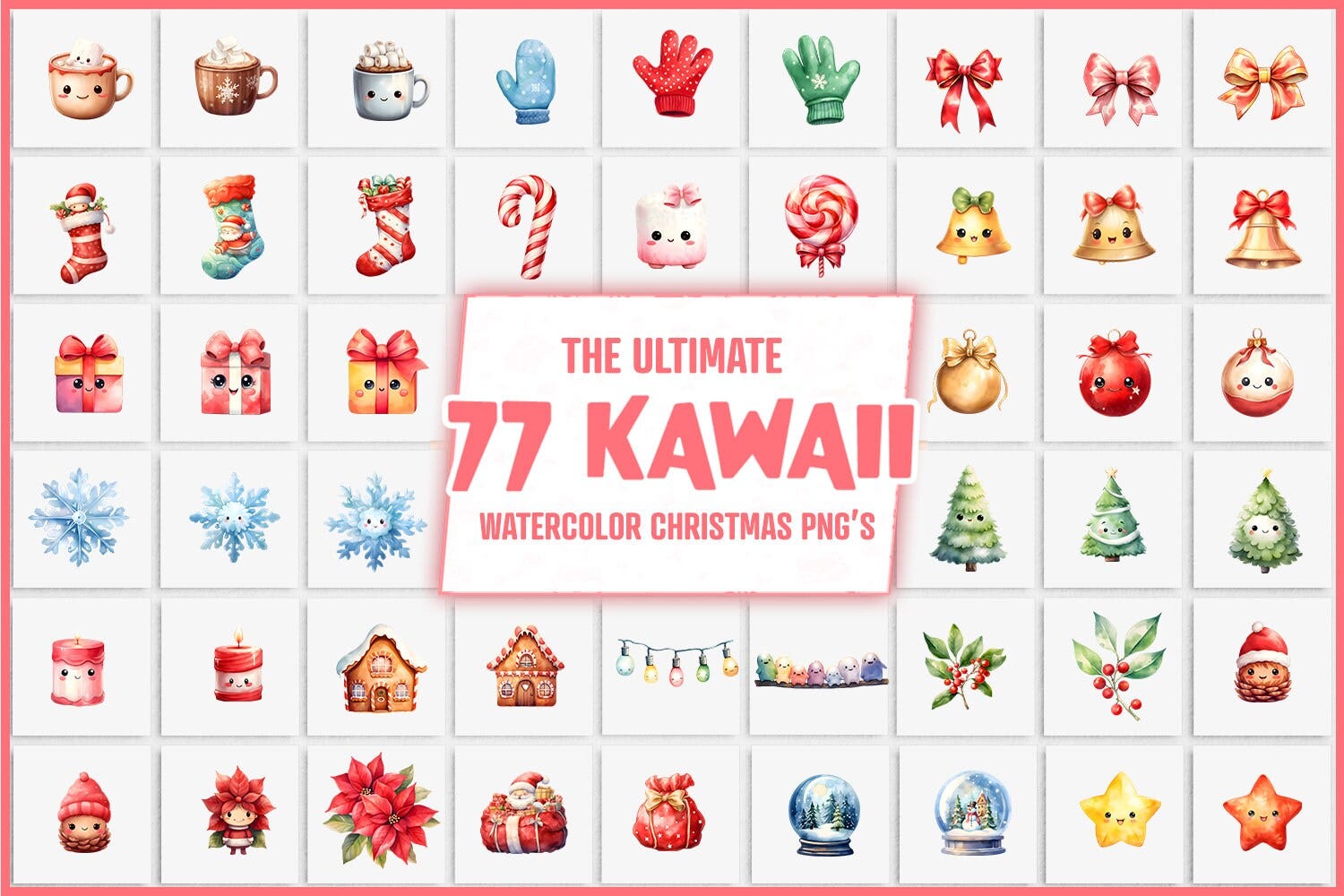 77 Mega Kawaii Christmas Clipart Bundle: Watercolor Pinecone, Trees, Ornaments, Ginger House, Mistletoe, Stockings, Ribbons & Desserts PNGs