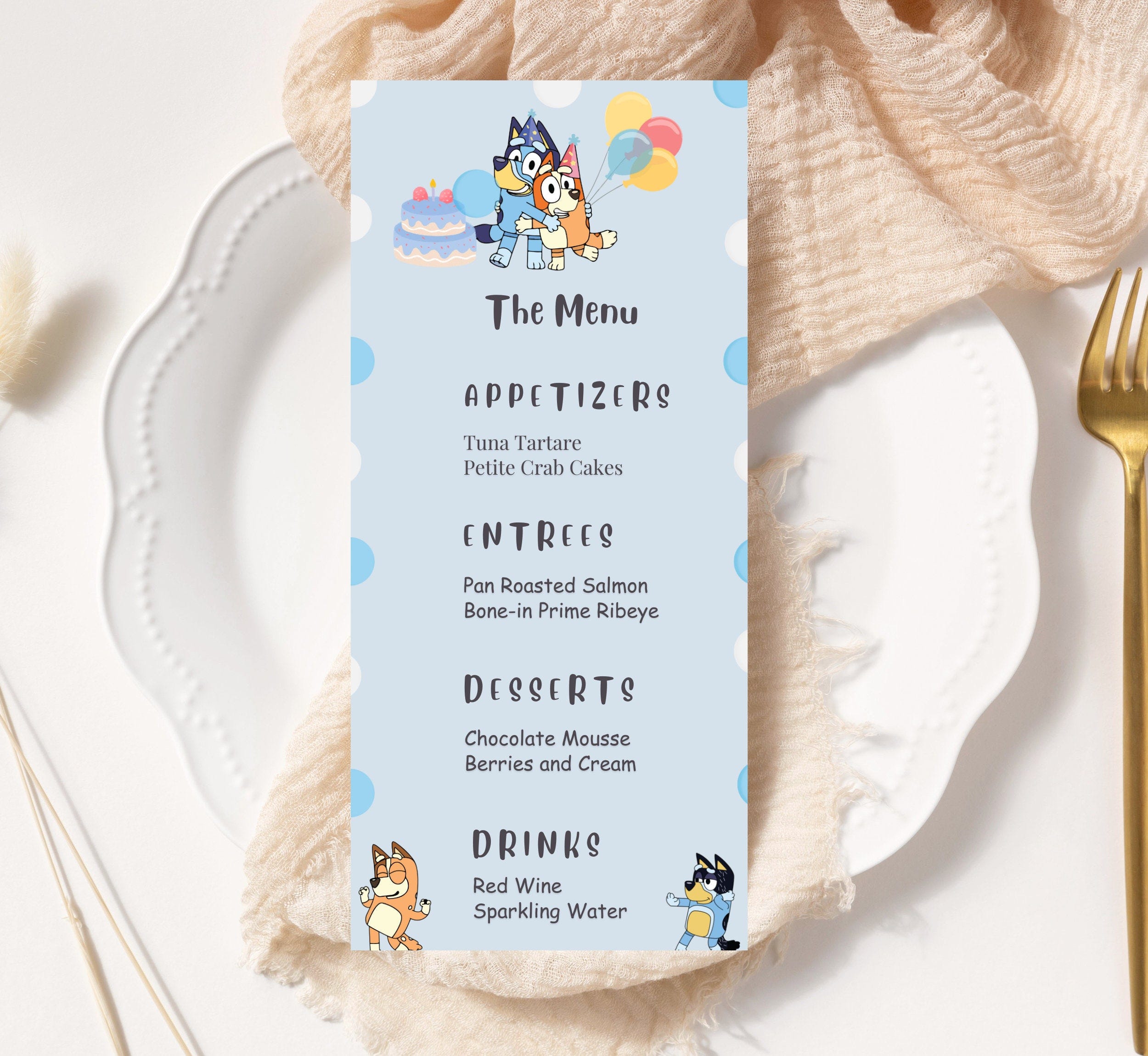 Editable Bluey Boy Menu Sign, Bluey Party supplies Label Bluey Party decorations for Gifts Bluey Birthday Gift Girl invitation A2