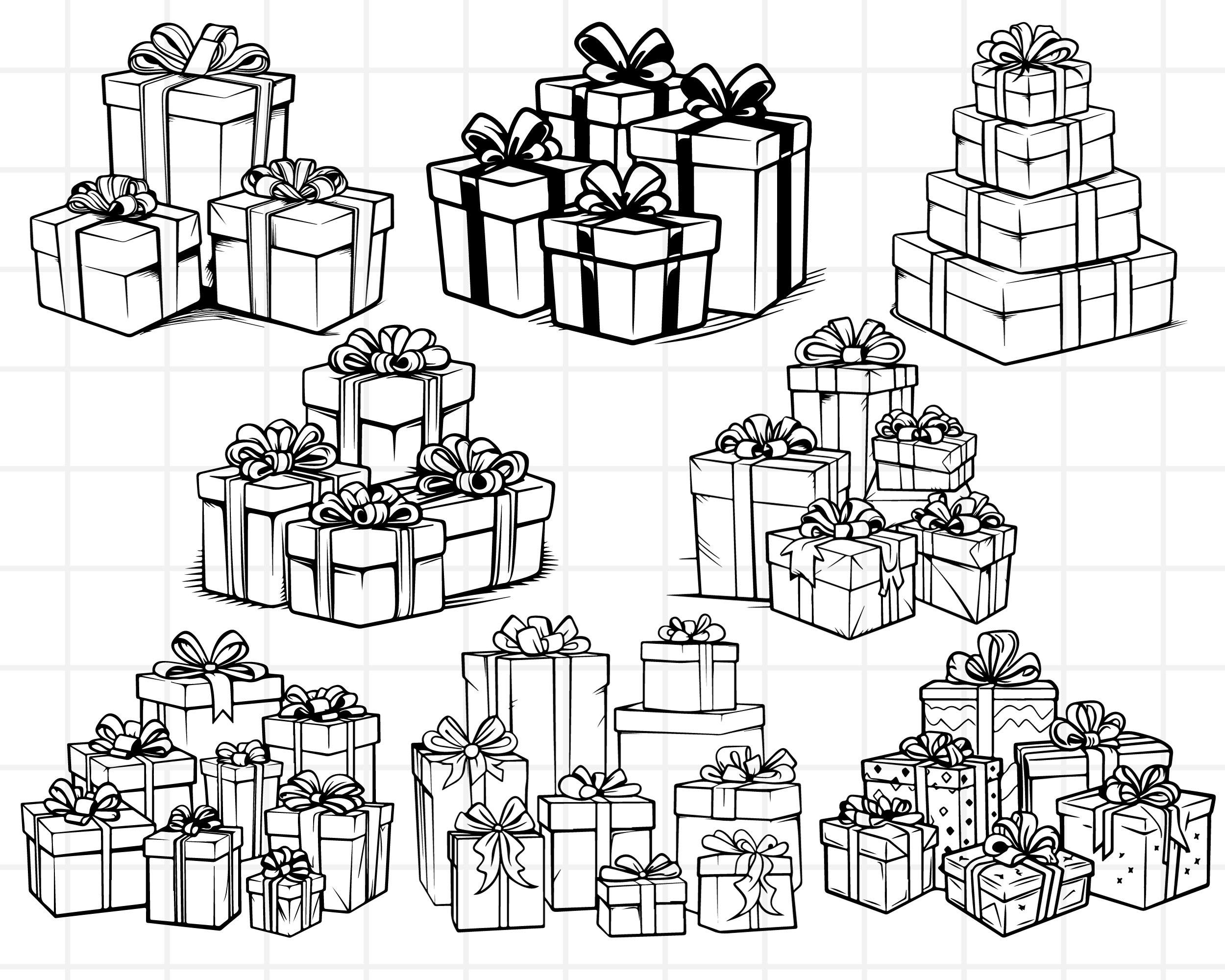 STACKED PRESENTS SVG - pile of presents for christmas or birthdays - presents with ribbons bundle svg - gifts line art vectors
