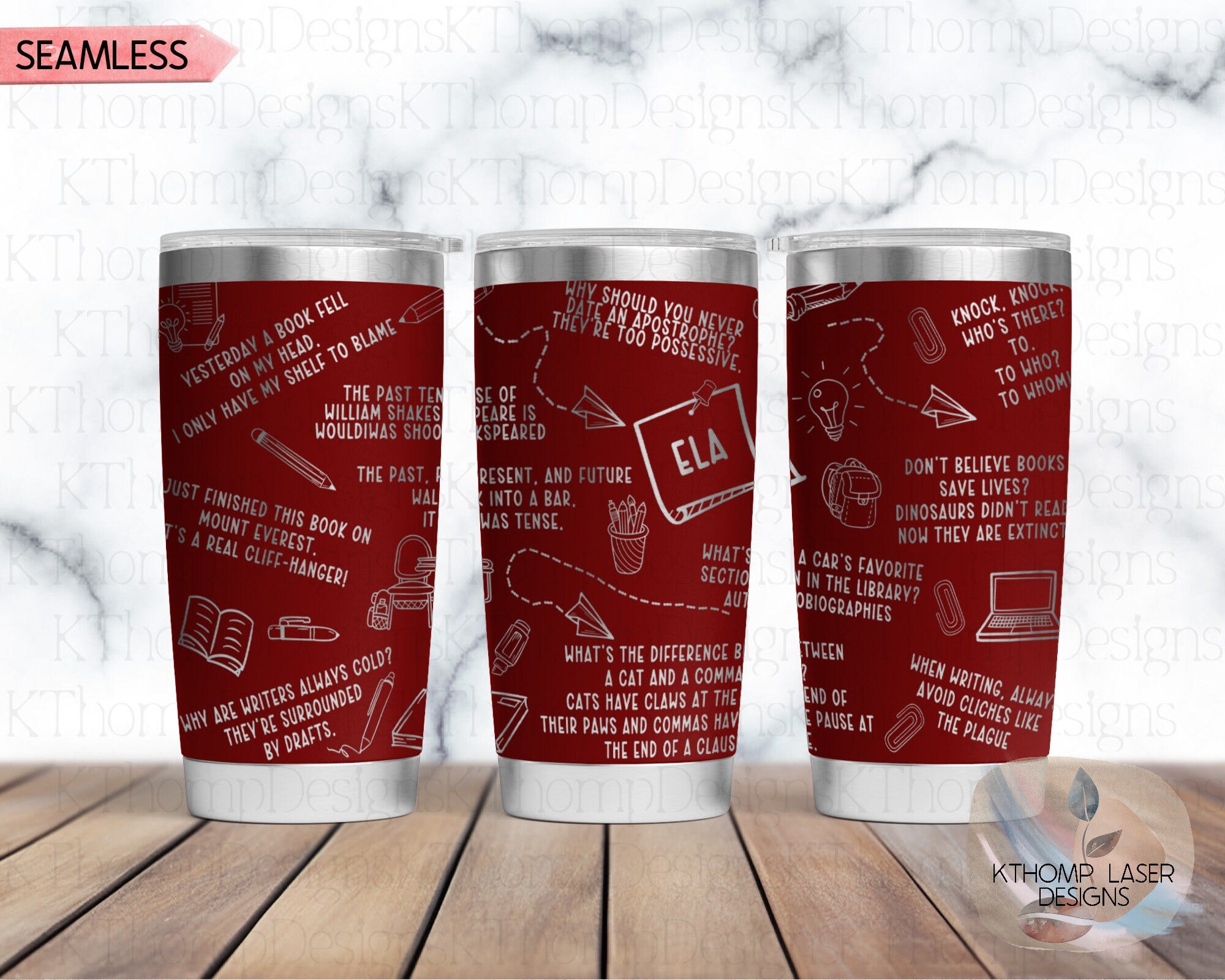 ELA Puns English Teacher Jokes Laser Engraved Full Wrap for 20oz & 30oz Tumbler, Digital Download, Seamless Design, SVG For Laser Rotary