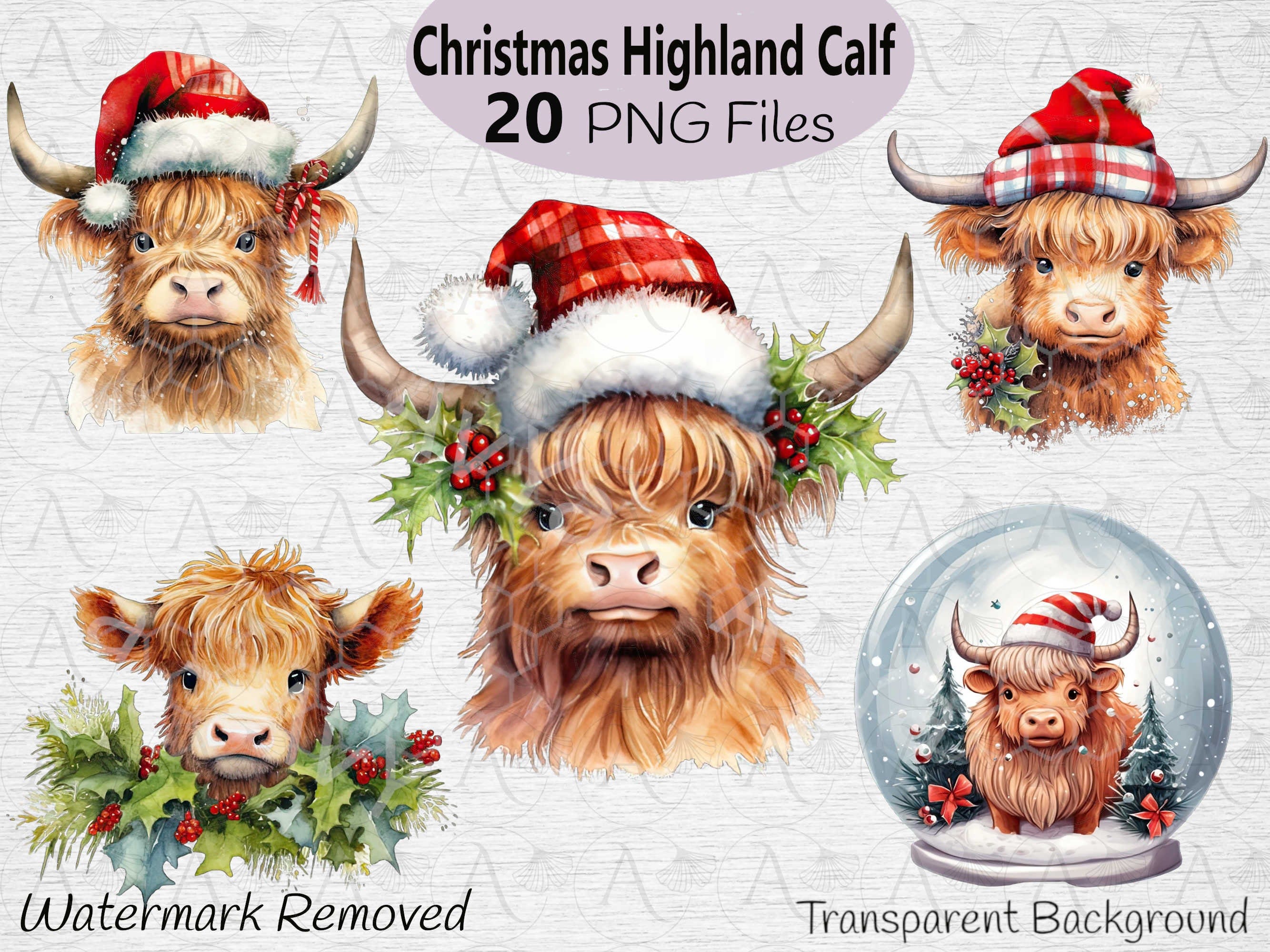 Christmas Highland Baby Cow PNG,  Cute Christmas highland Calf clipart, Christmas Plaid, Winter holiday clipart, Cow sublimation, Santa hat