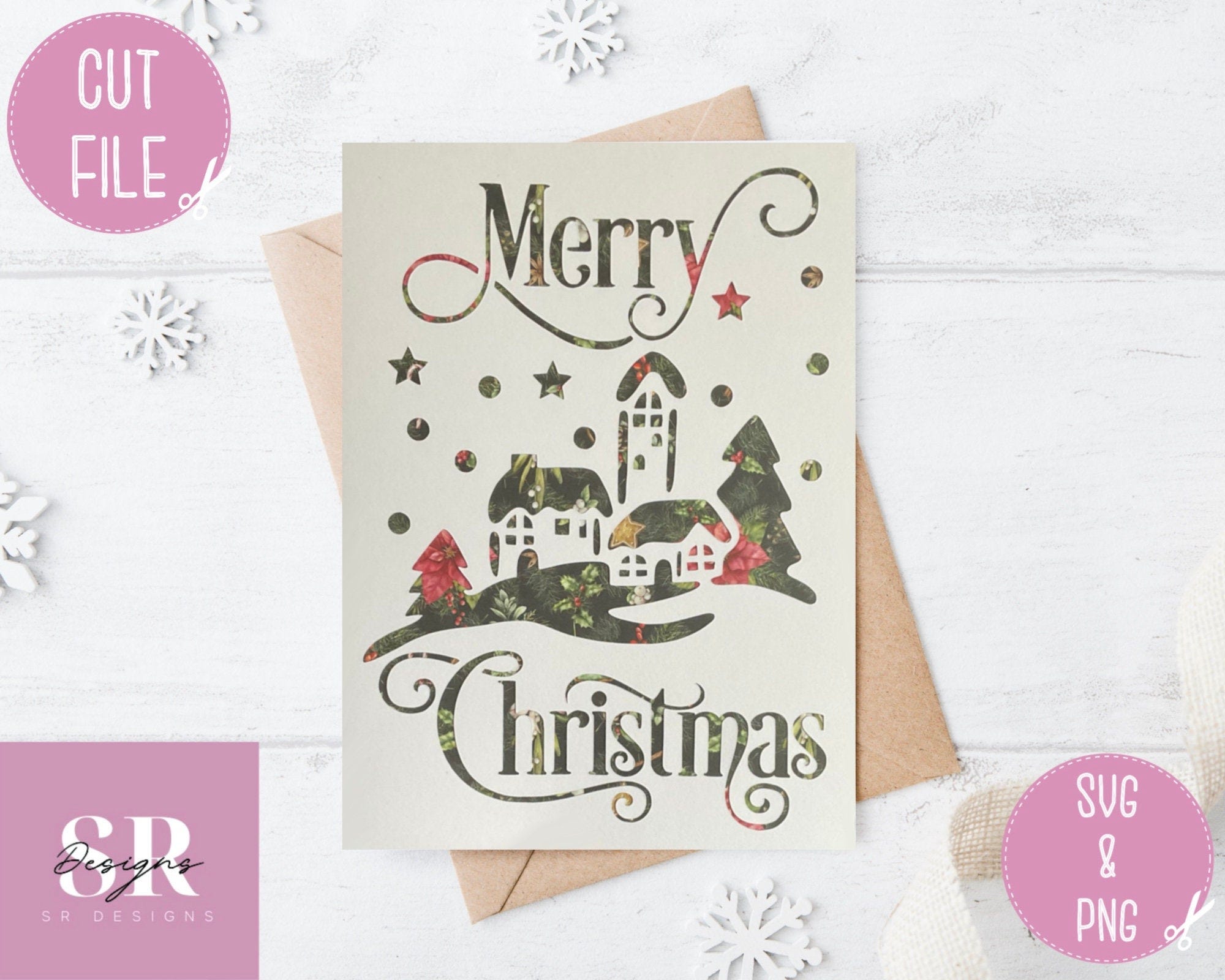 SVG: Christmas card. Christmas card svg. Merry Christmas svg. Cricut card svg. Desire Christmas font. Christmas scene card svg.