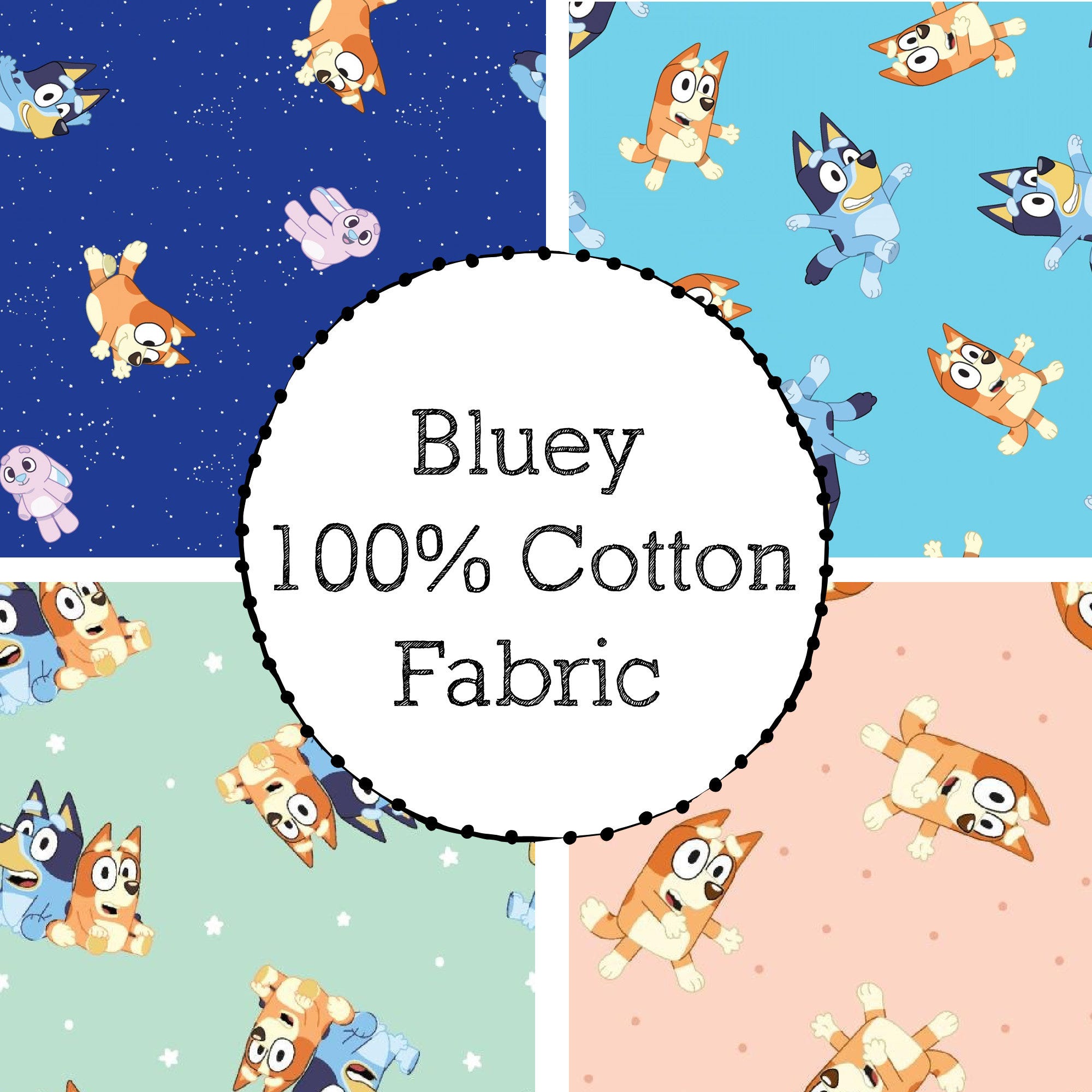 Bluey 100% Cotton Fabric-By the 1/4 yard, 1/2 yard- Fat Quarter - continuous cuts - Craft Supply - Licensed Print