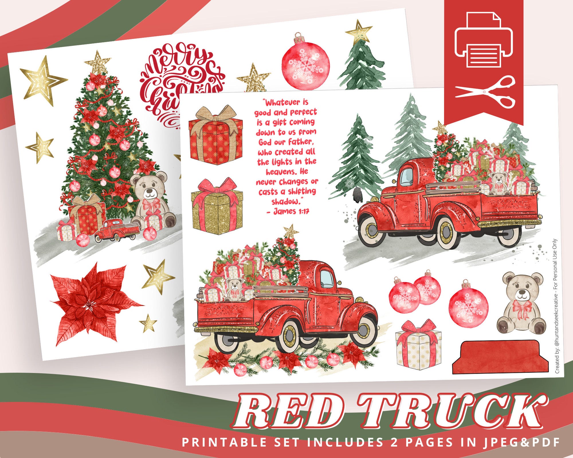 Christmas Red Truck Clipart, Jesus Is The Reason For The Season, Printable Sticker Sheet for Bible Journaling - Faith Planner - Mixed Media