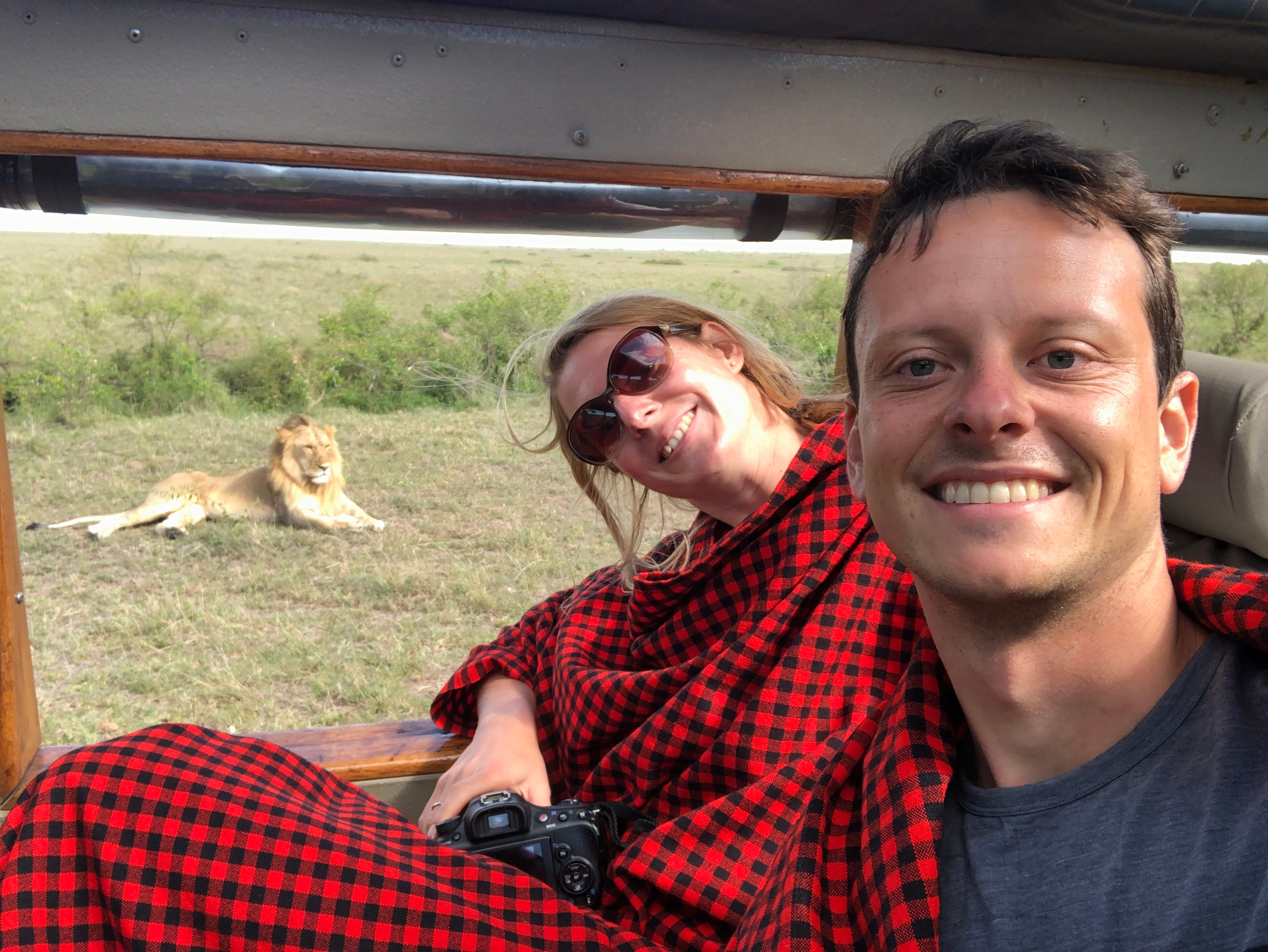 Safari, Maasai blanket, lion. We are in Africa.