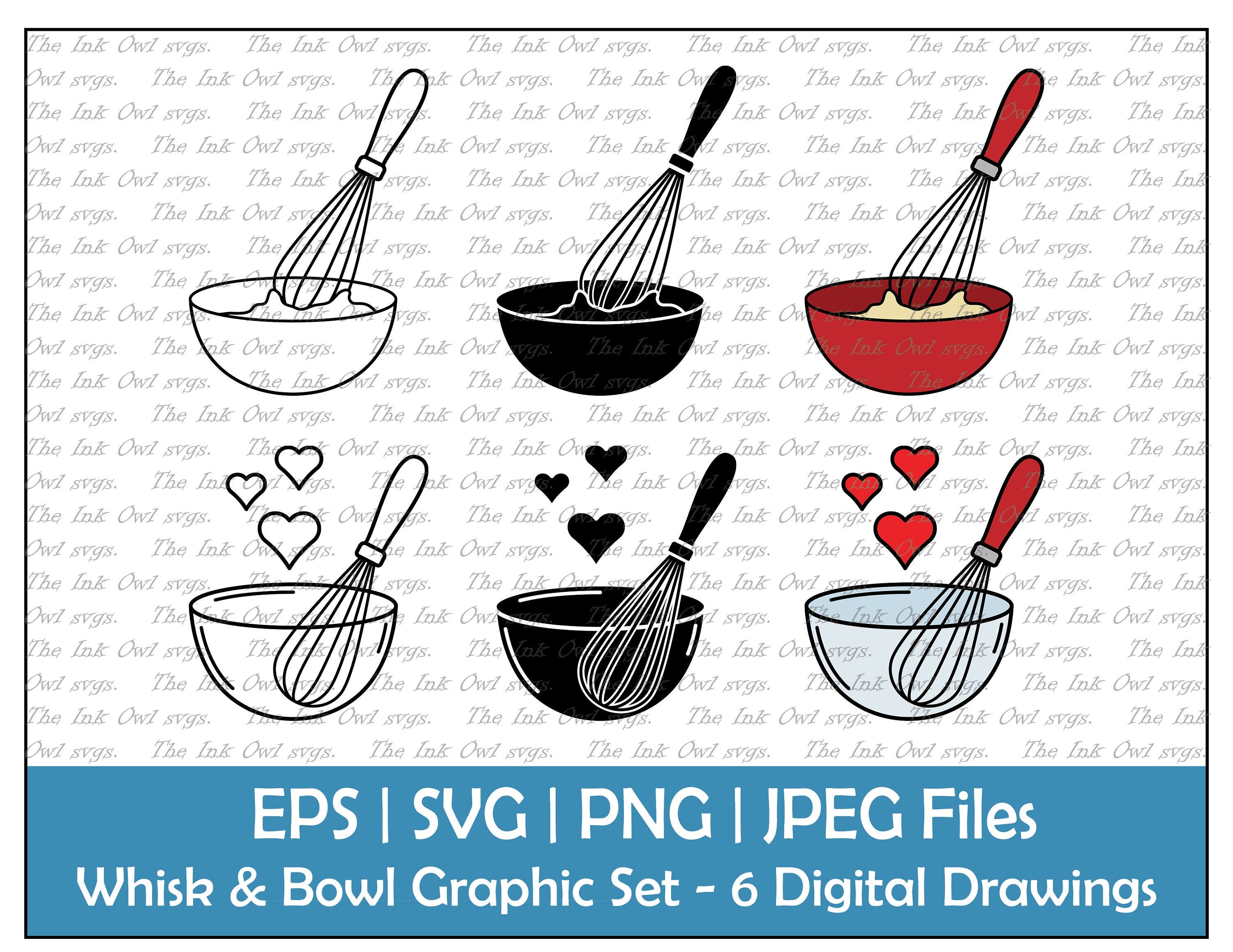 Whisk and Mixing Bowl Vector Clipart / Outline & Stamp Graphic/ Baking cooking Icon / PNG, JPG, SVG, Eps