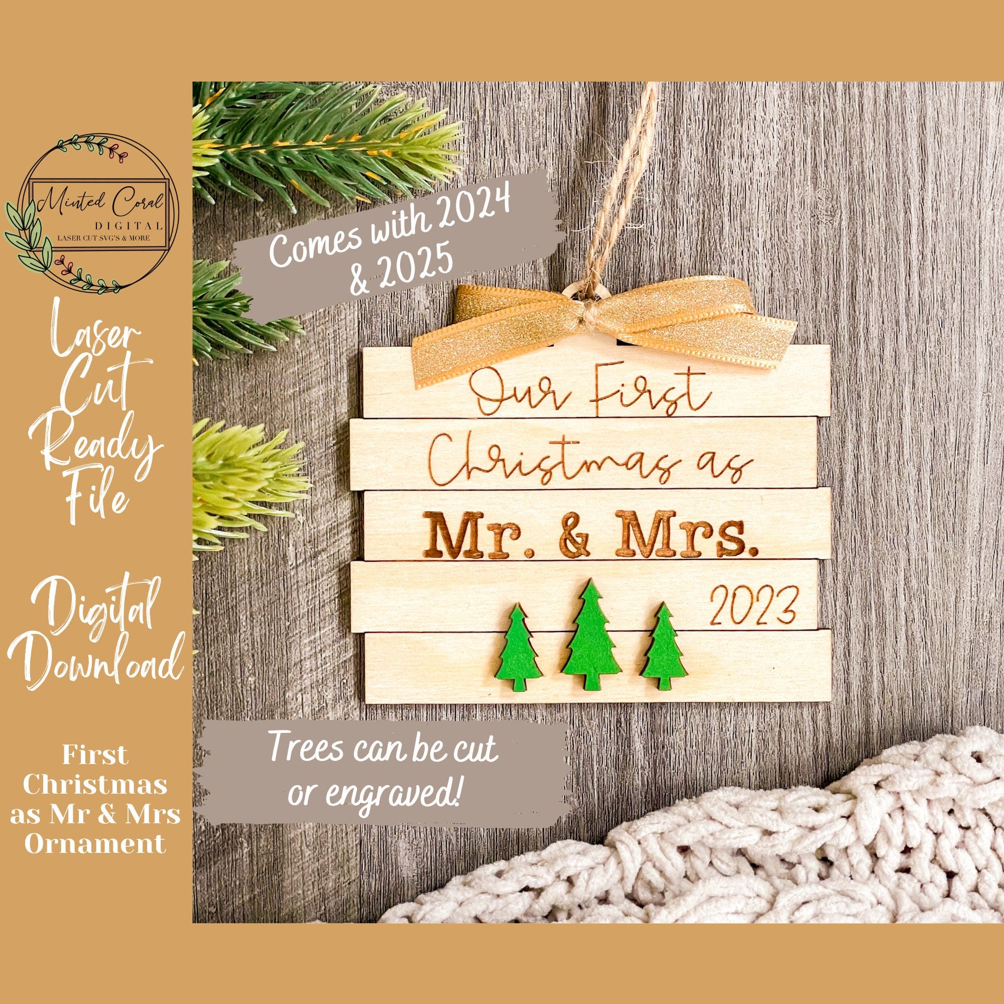 First Christmas as Mr and Mrs Ornament SVG, Digital File, Wedding, Newlyweds, Glowforge, Husband and Wife, Laser Cutter, Digital Download,