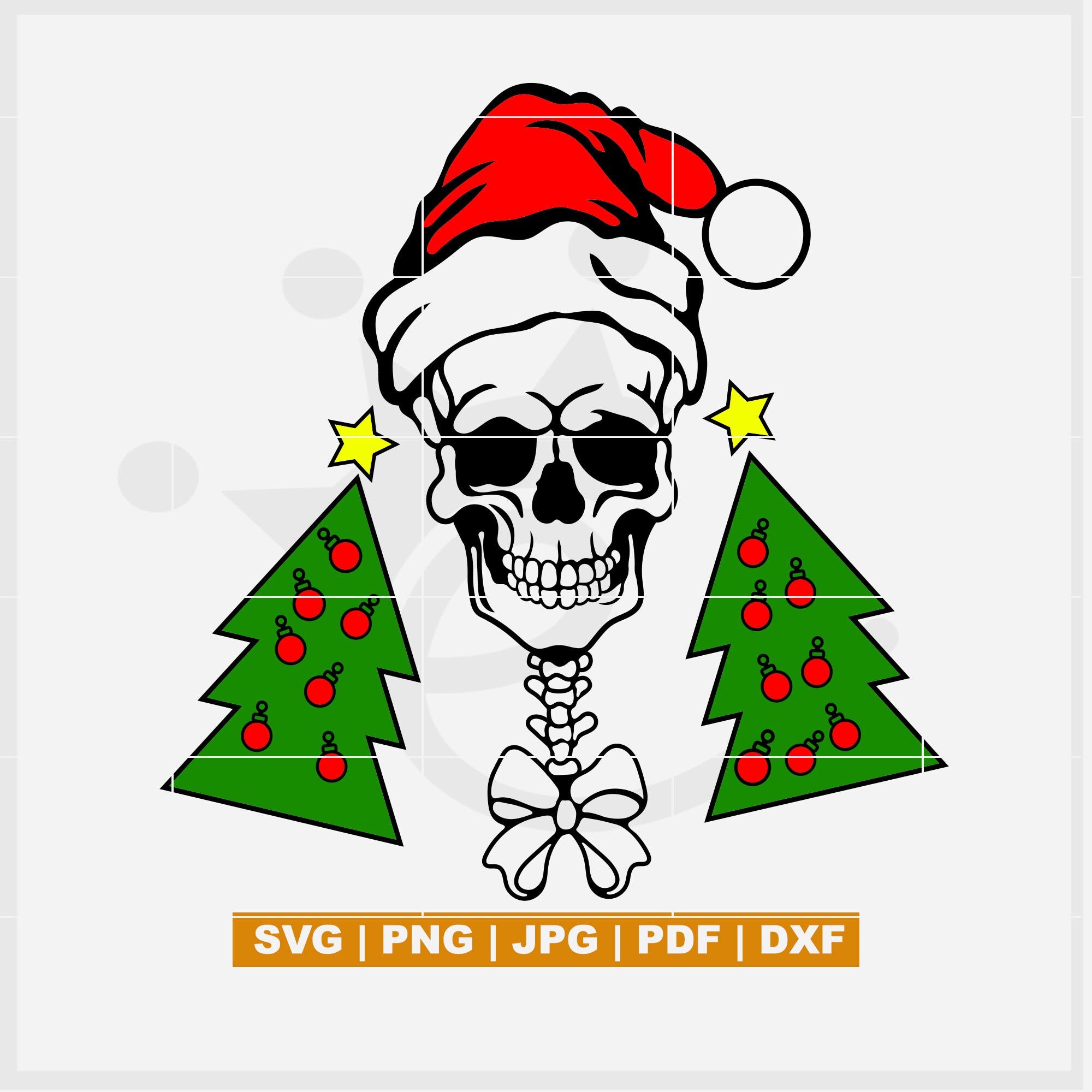 Skull svg, Skull with ribbon svg, skull wearing Santa hat svg, Skeleton svg, skull printables, Skeleton head with Christmas trees