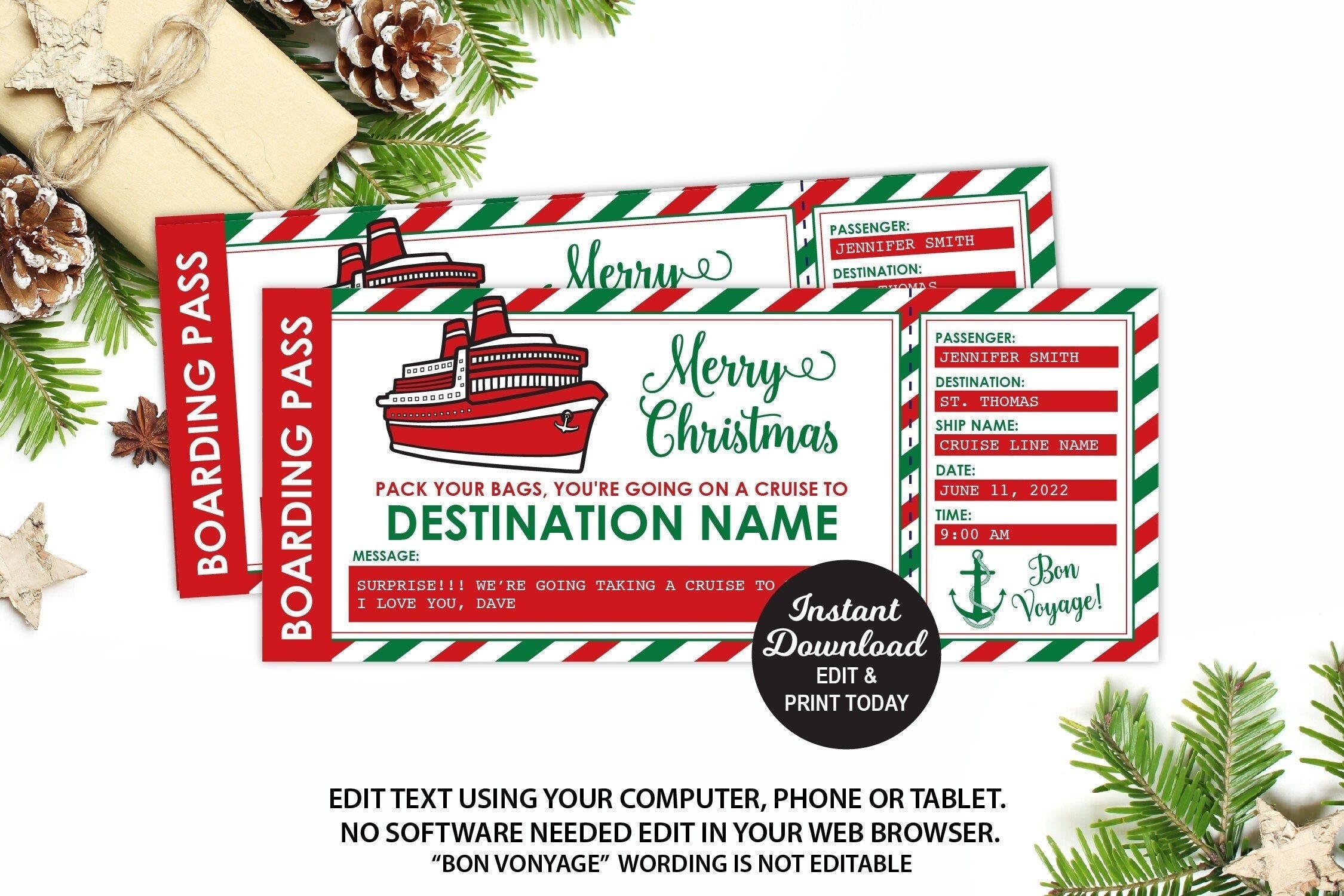 Christmas Cruise Ticket, Editable Cruise Ship Ticket, Surprise Trip Ticket, Boat Boarding Pass, Christmas Gift Surprise Vacation