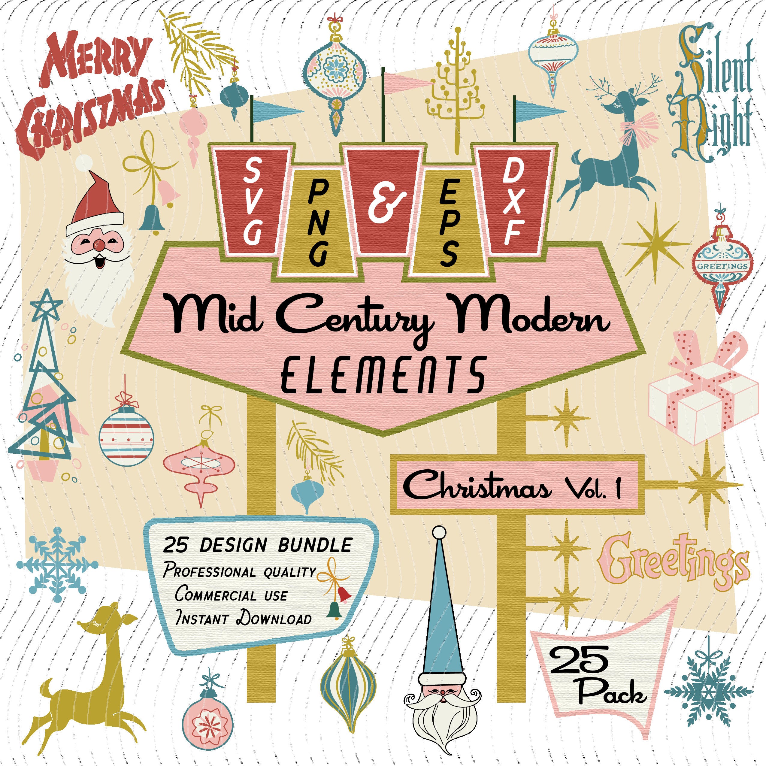 Christmas Vol 1  | Mid-Century Modern 25 Design Elements | Retro Clip Art | Ornaments SVG PNG EPS Bundle, 1950s Retro Vintage Christmas