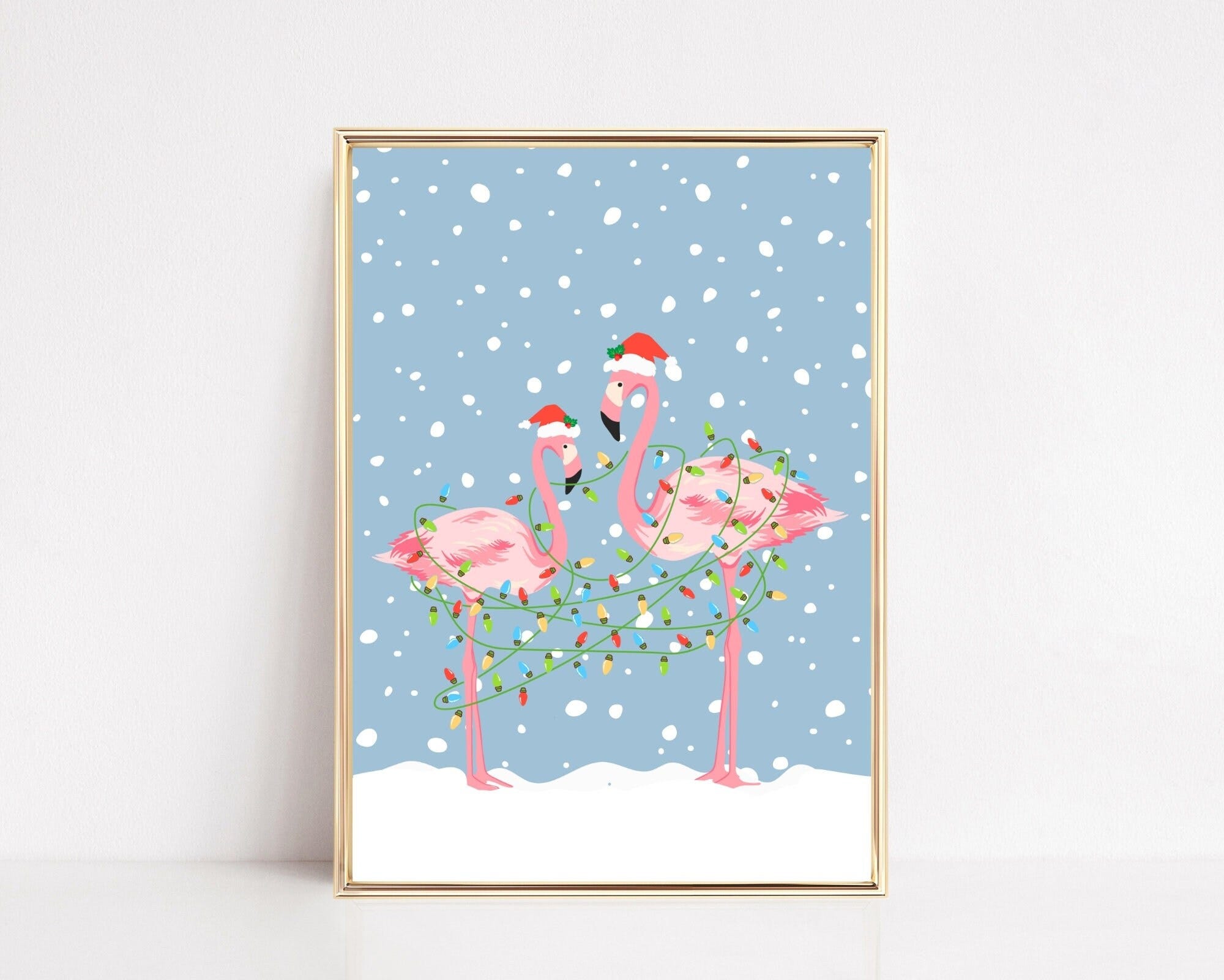 Christmas Art Prints, Christmas Wall Art, Flamingo Christmas Print, Festive Art, Printable,  Fairy Lights Print, Traditional Xmas Decor