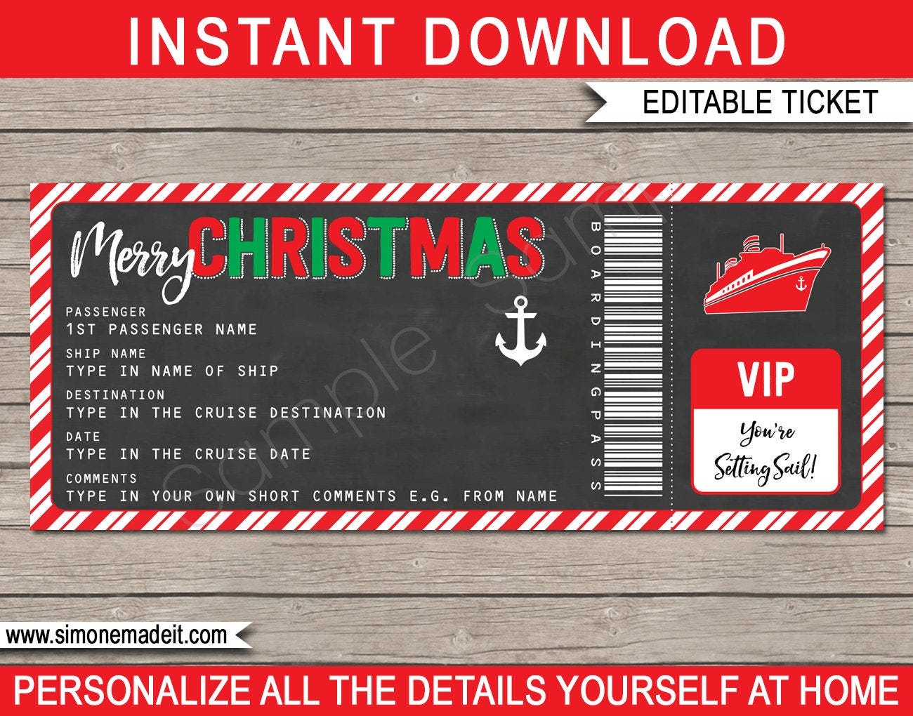 Christmas Gift Cruise Ticket - Printable Fake Boarding Pass - Surprise Cruise, Vacation - INSTANT DOWNLOAD with EDITABLE text - you edit