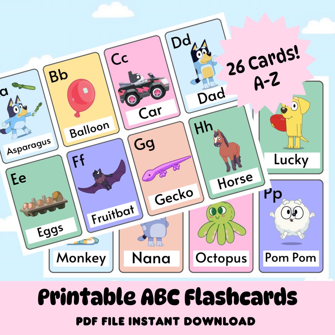 Printable Bluey Flashcards, Instant Download, Digital Download, ABC flashcards, Alphabet Flashcards, Kids, Toddlers, Learning