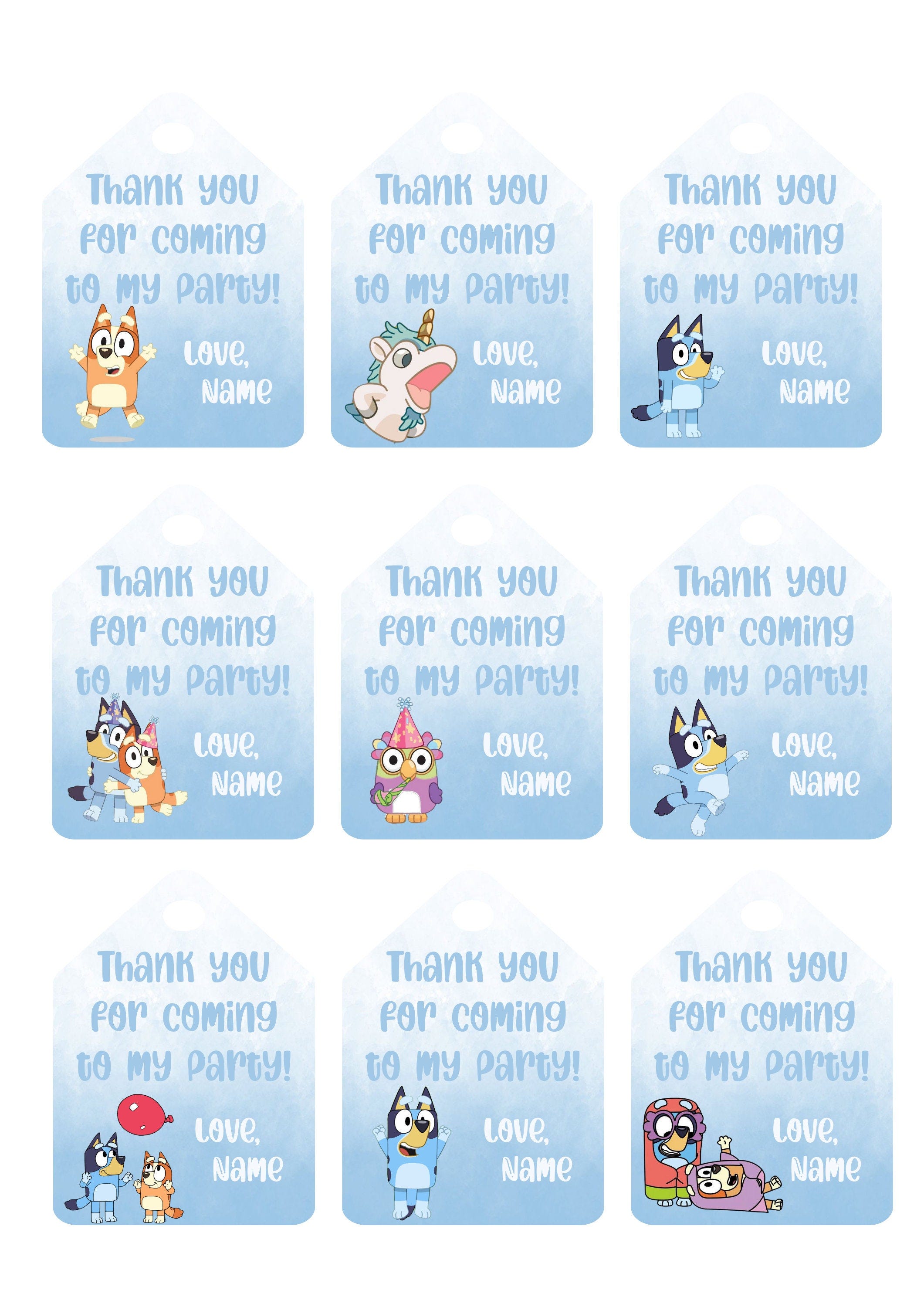 Bluey birthday Blue THANK YOU tags editable, digital, instant download