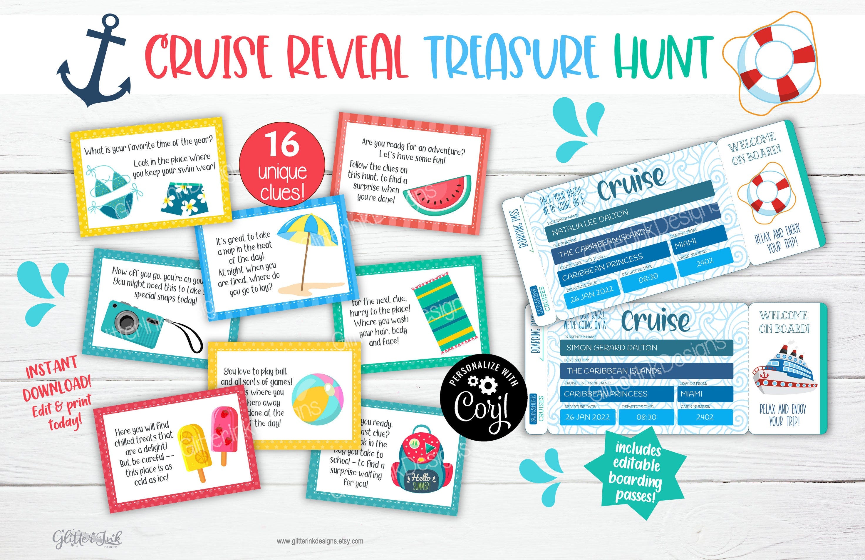 Surprise cruise trip reveal scavenger hunt & boarding pass / Printable family vacation kids treasure hunt clues / Christmas summer holiday