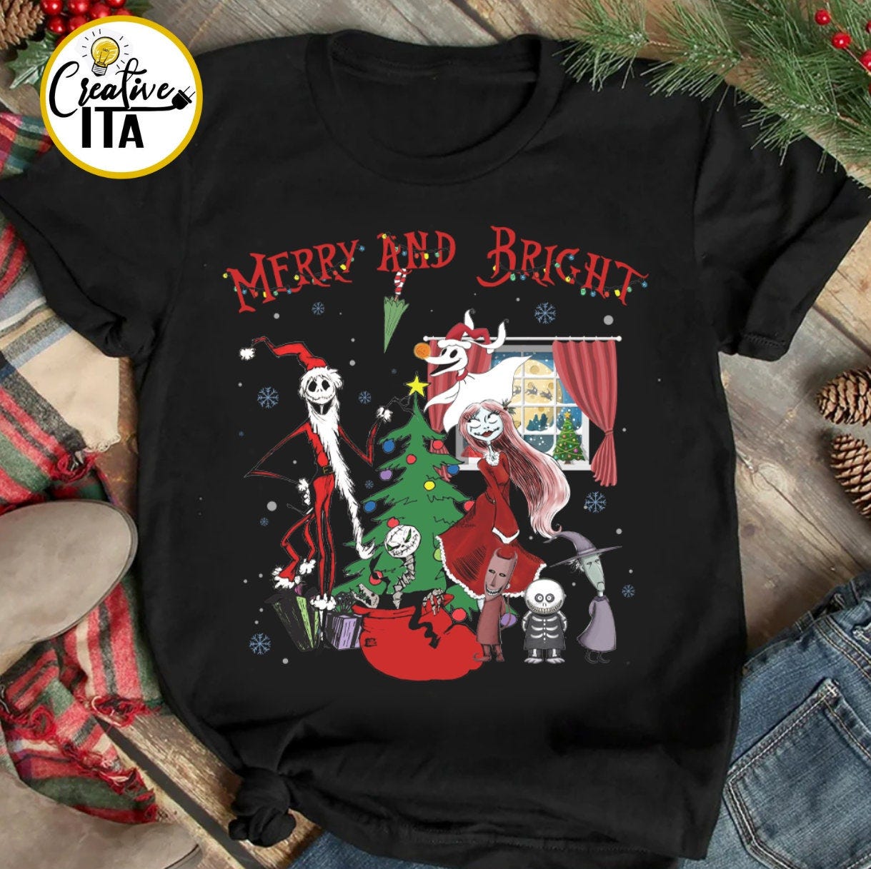 Nightmare Before Christmas Characters shirt, Disney Christmas shirts, Merry and Bright, Christmas Tree shirt, Mickey