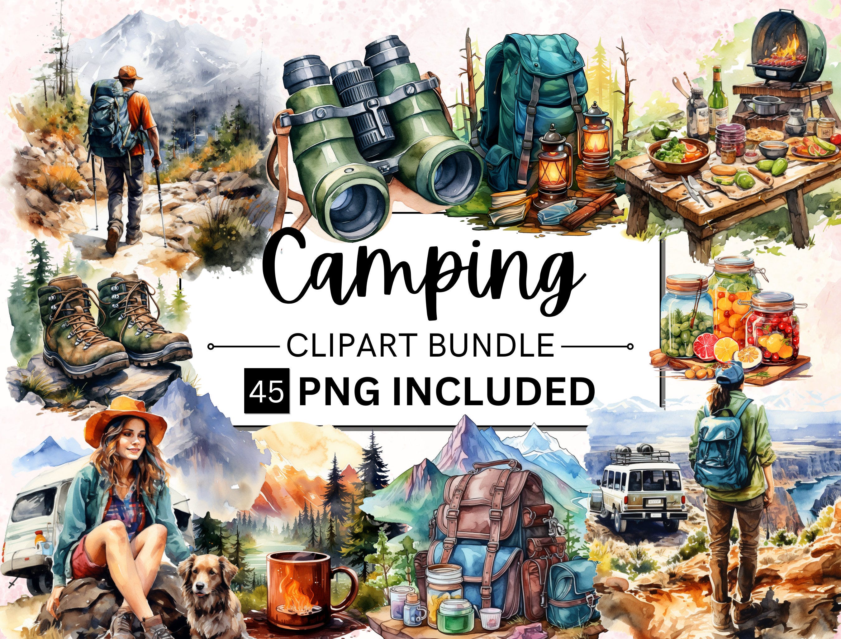 45 Watercolor Camping Clipart, Camping Sublimation PNG Bundle, Camp Life Tent, Campfire, Lantern, Backpack, Campsite Illustrations Cliparts