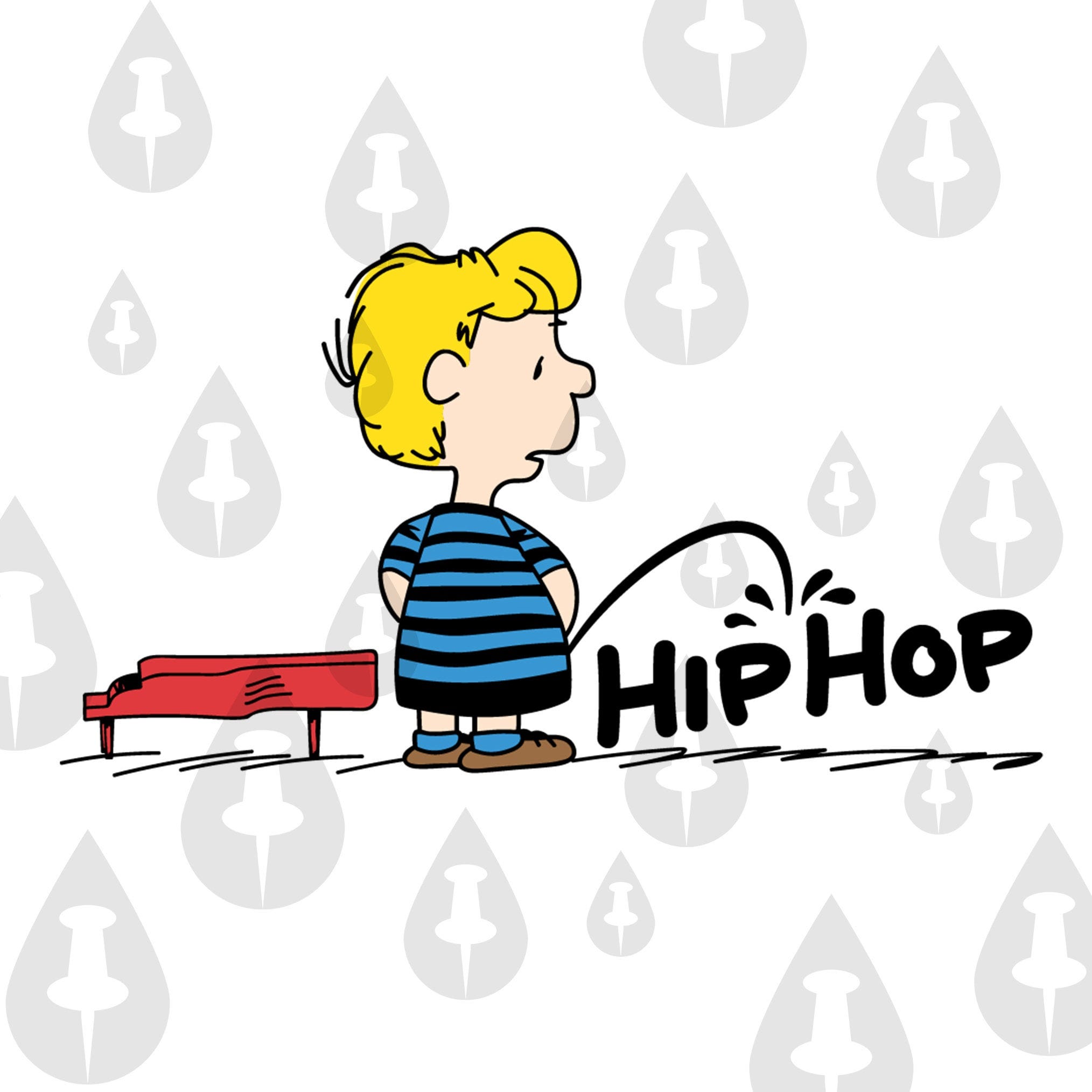 Schroeder Peanuts Kid Peeing On The Words Hip Hop Beside Piano- Funny Meme Custom Car Decal Musician Joke Illustration Tee Design SVG