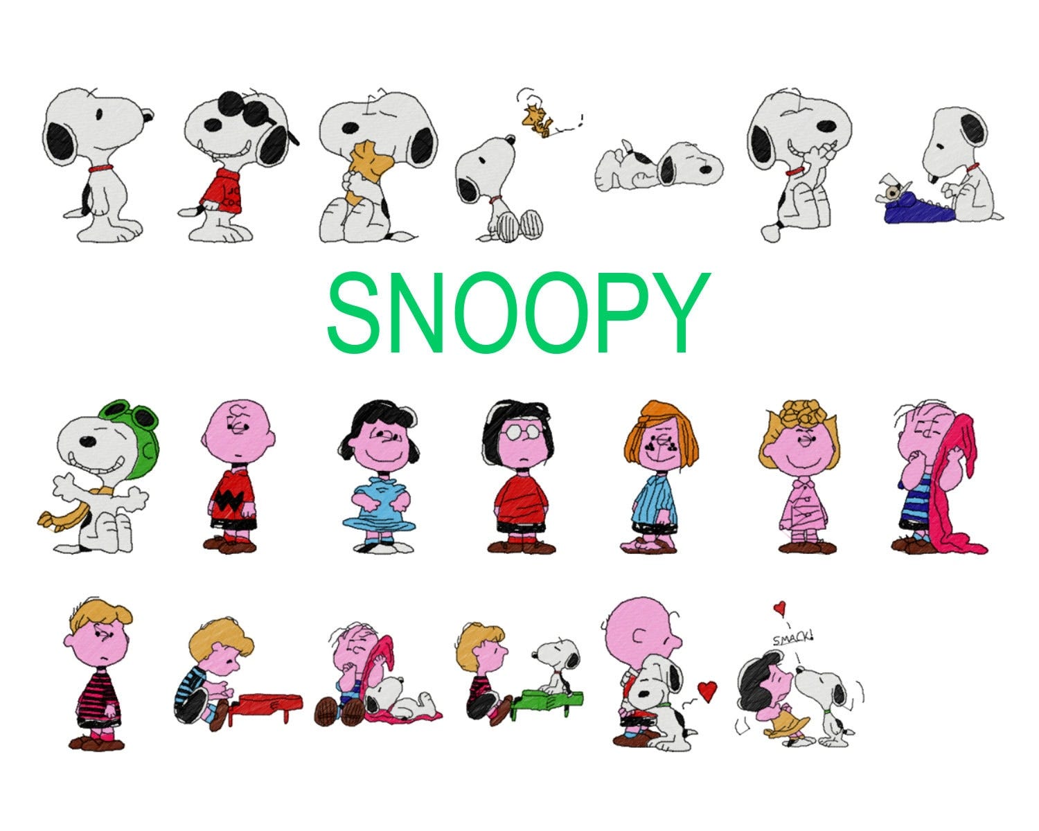 20 Snoopy machine embroidery designs, peanuts embroidery pattern, woodstock embroidery, charlie brown, linus marcie schroeder sally lucy