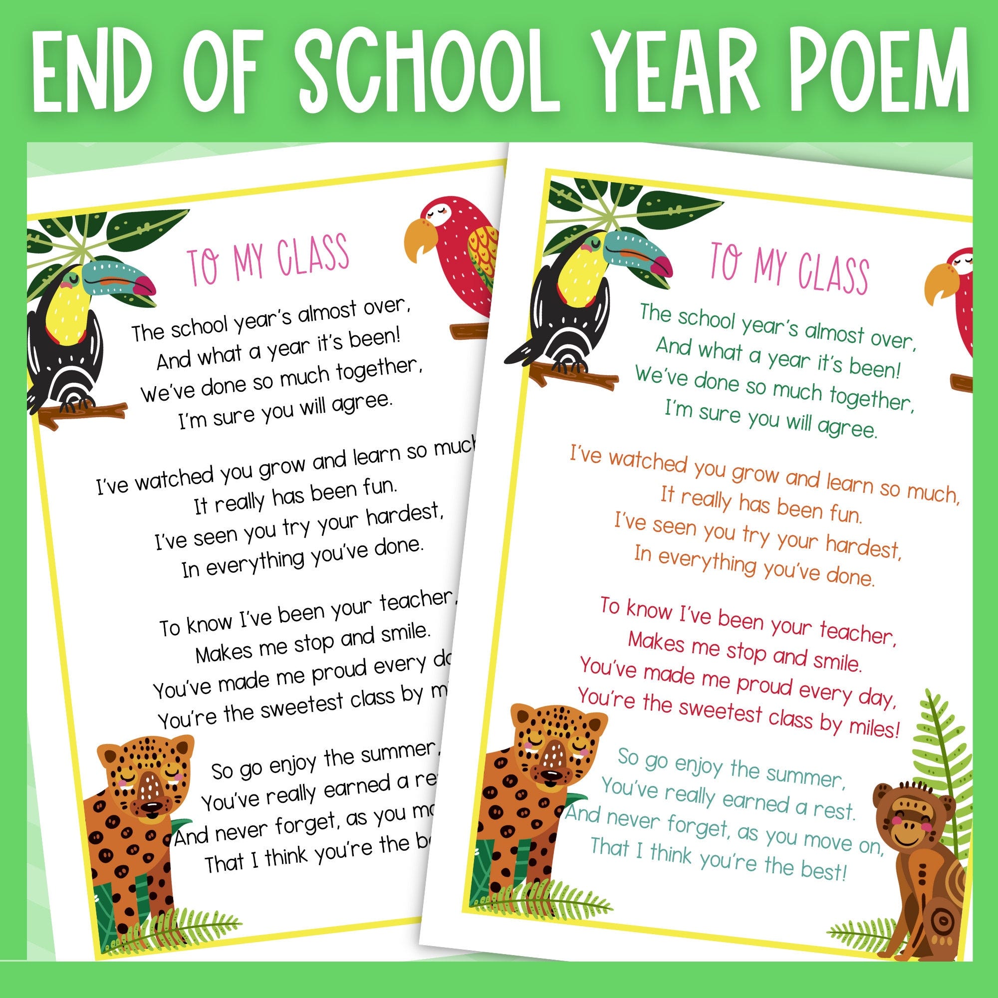 End of school year poem letter from teacher to students pupils class | Printable PDF | jungle animal themed | A4 and 8.5 x 11 inch