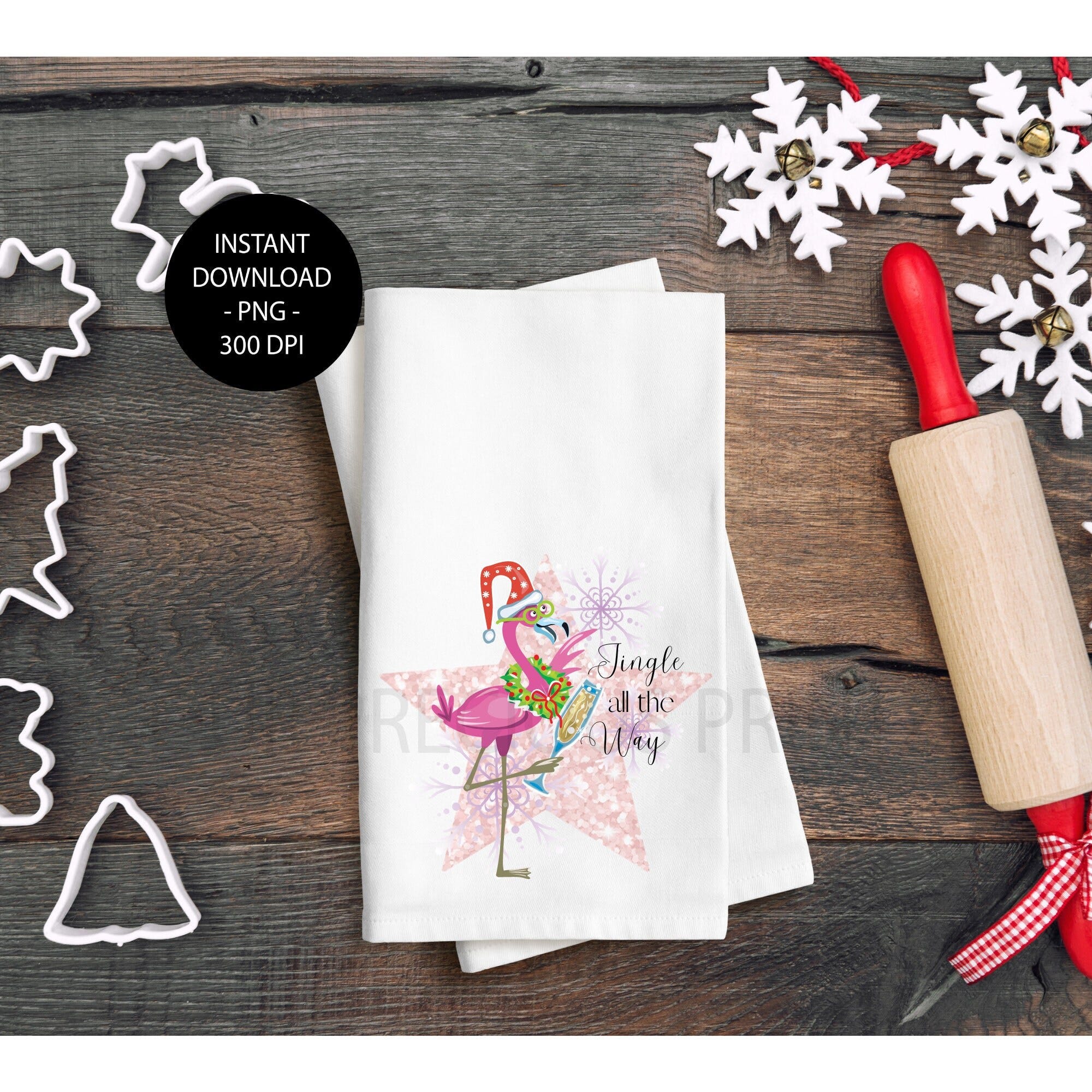 Funny Christmas Flamingo Champagne Scene PNG, Flour Sack Towel Clip Art, Christmas Flamingo Scene , Sublimation, Instant Digital Download