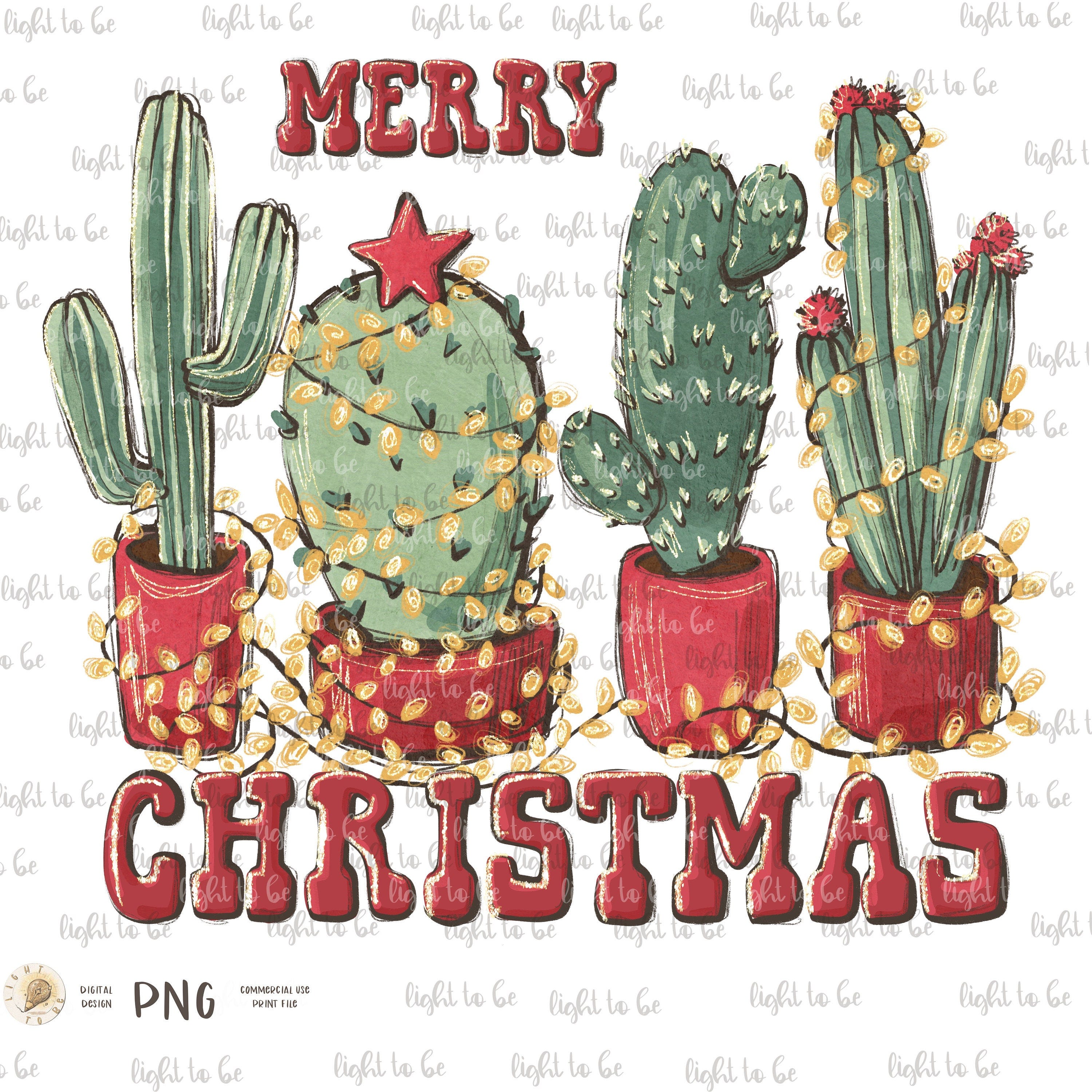Merry Christmas cacti PNG, Christmas western dessert, howdy Feliz Navidad, cowboy cowgirl, Sublimation design hand drawn Printable