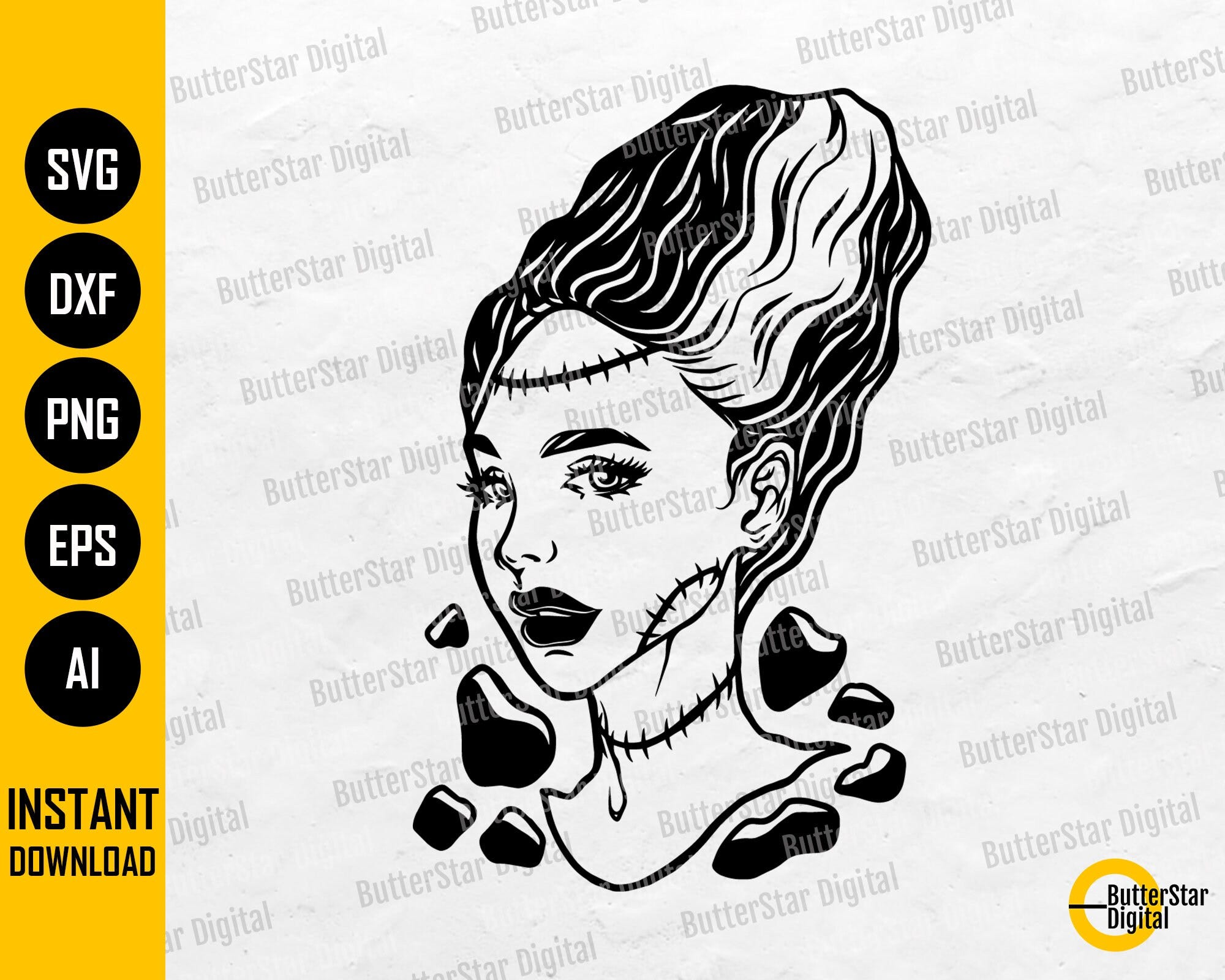 Bride Of Frankenstein SVG | Horror SVG | Halloween T-Shirt Vinyl Stencil Decal Graphics | Cutting File Clipart Vector Digital Dxf Png Eps Ai
