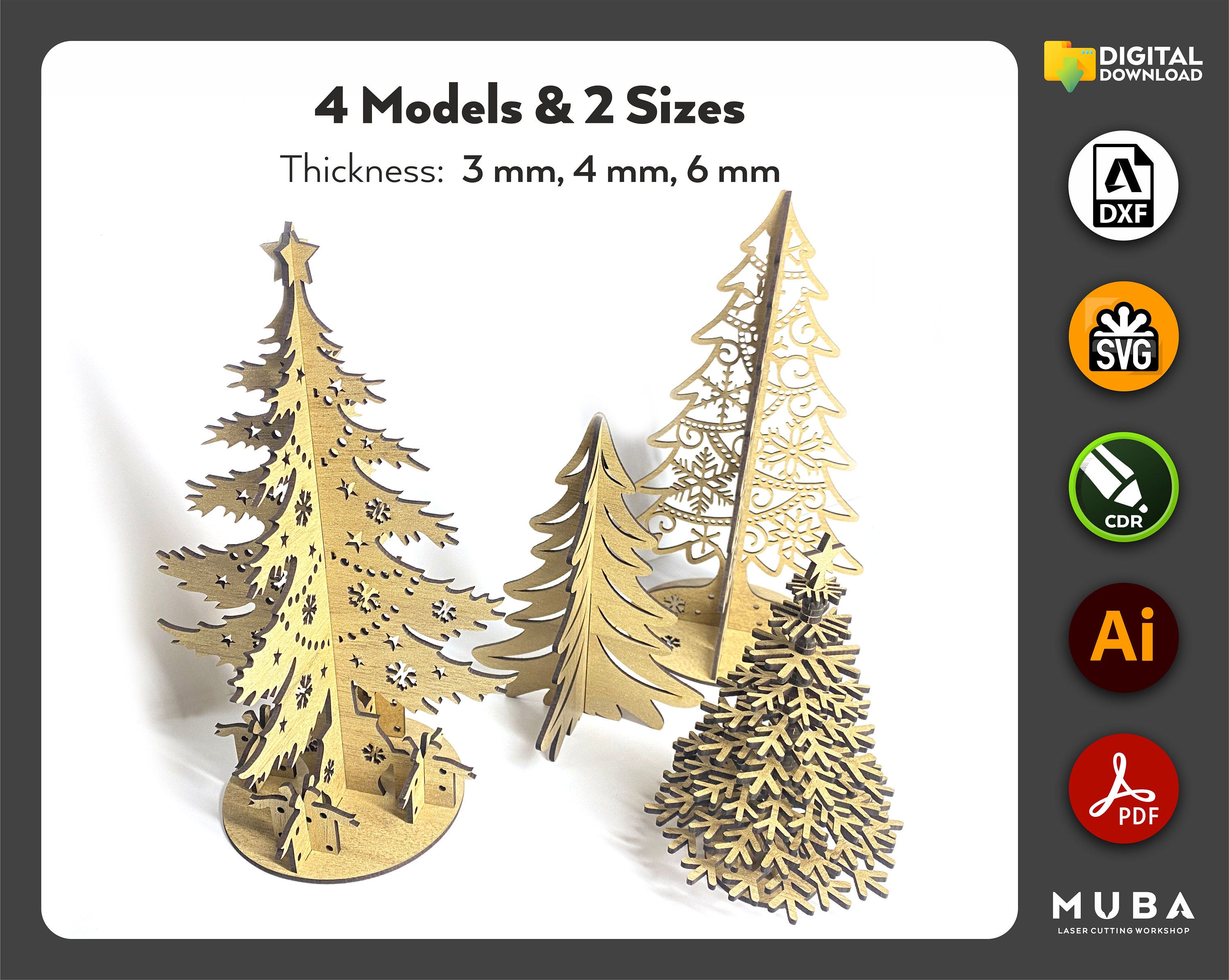 4 Models Christmas Tree SVG, Christmas Tree Laser Cut SVG, Desk Tree, Christmas Gift Tree, dxf, svg, cdr, ai, pdf, glowforge cut, laser svg