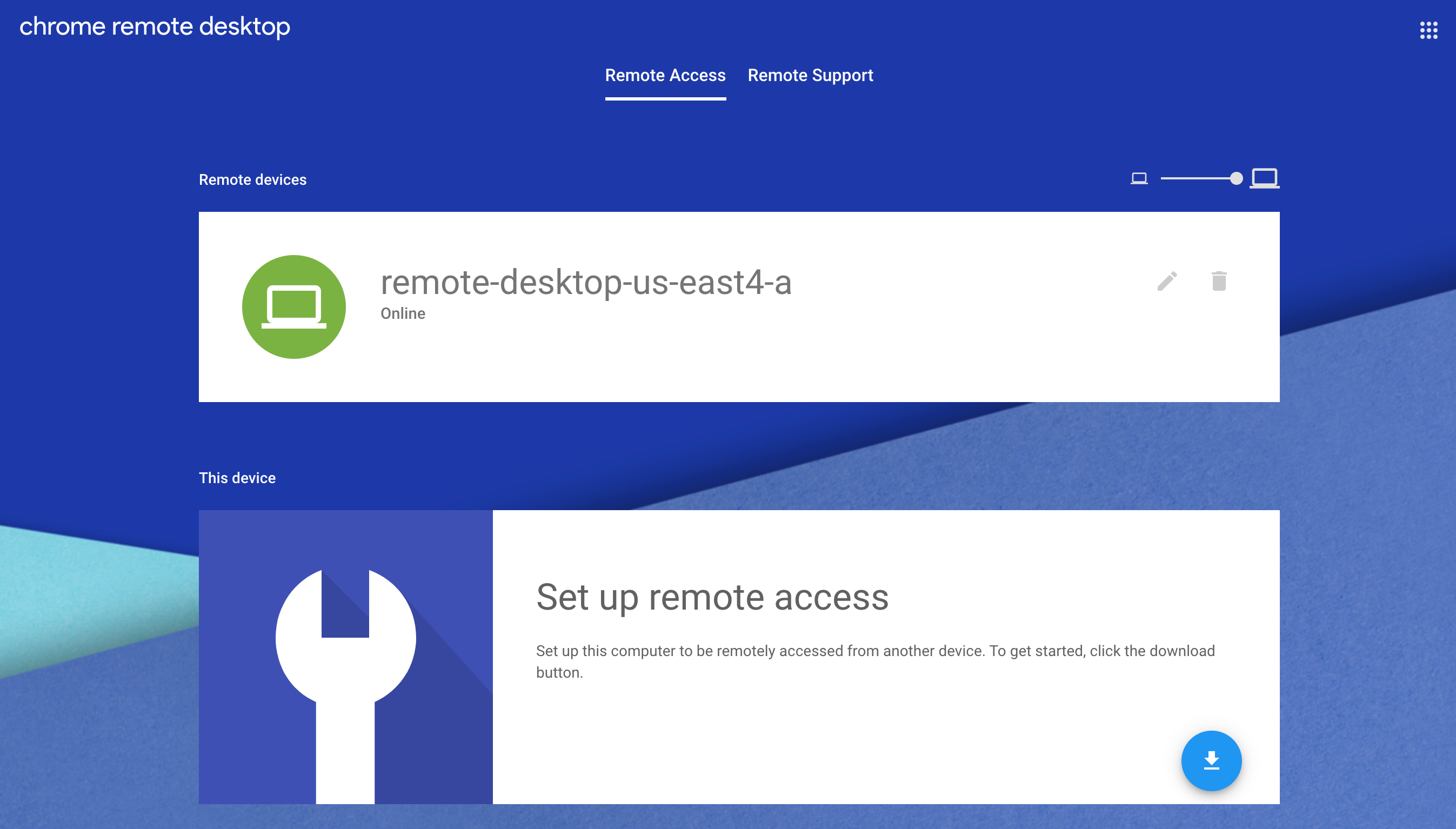 Chrome remote desktop console with virtual machine listed