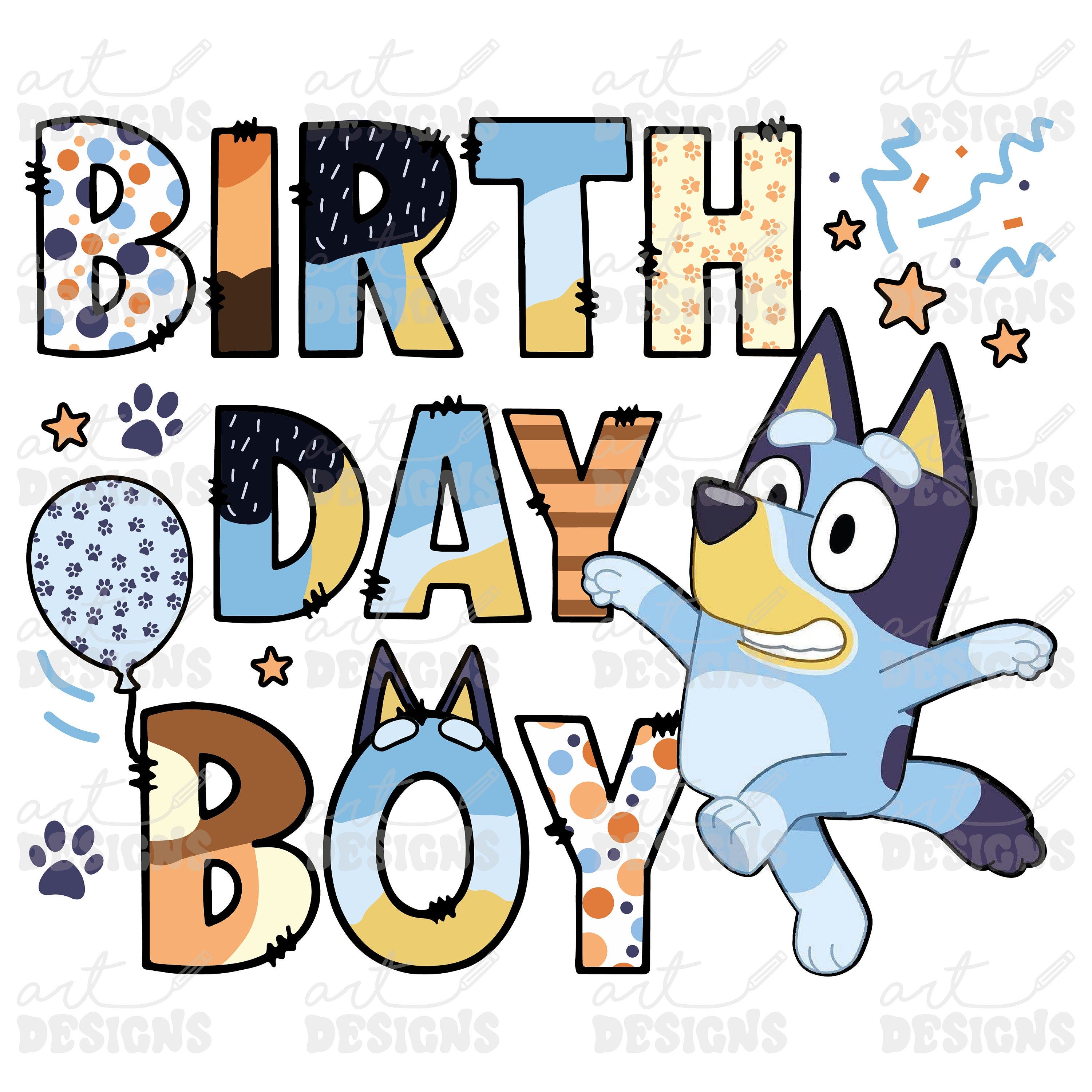 Birthday Boy Blue Dog Clipart Elements, Bluey Letters Set, Blue Dog Sublimation Party,  PNG, Family Matching Shirt