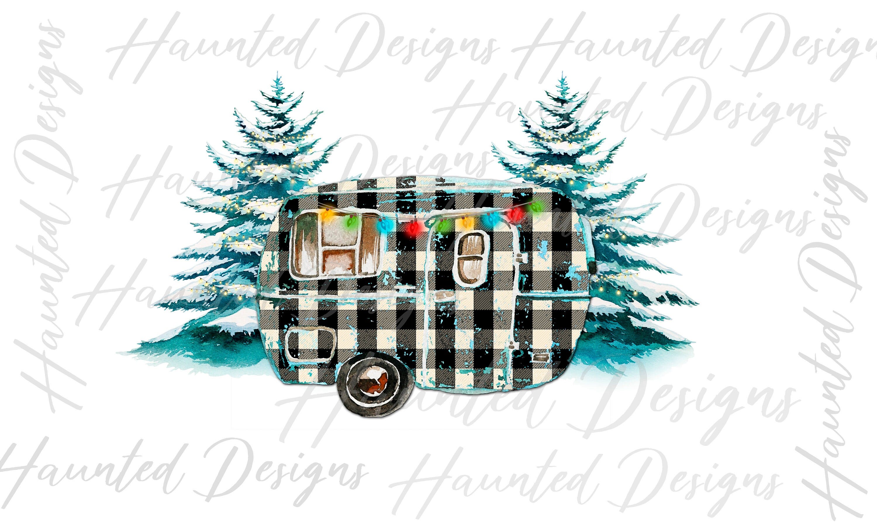 Christmas Camper Trailer Checker Buffalo Plaid Sublimation Design PNG Clipart Craft, Digital Download DTF