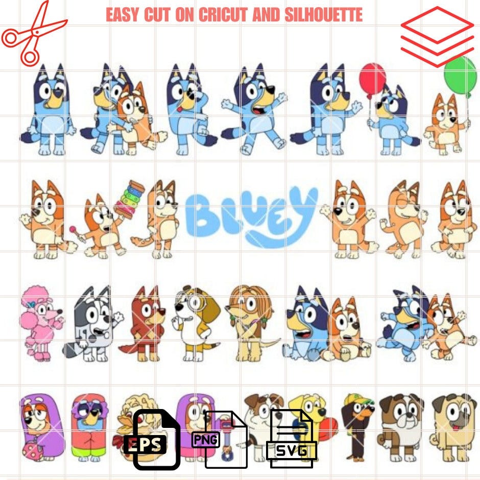 Bluey Characters Bundle Svg, Birthday Invitation Svg, Bluey the Dog Svg, Bluey And Bingo Svg, Cricut, Silhouette Vector Cut File