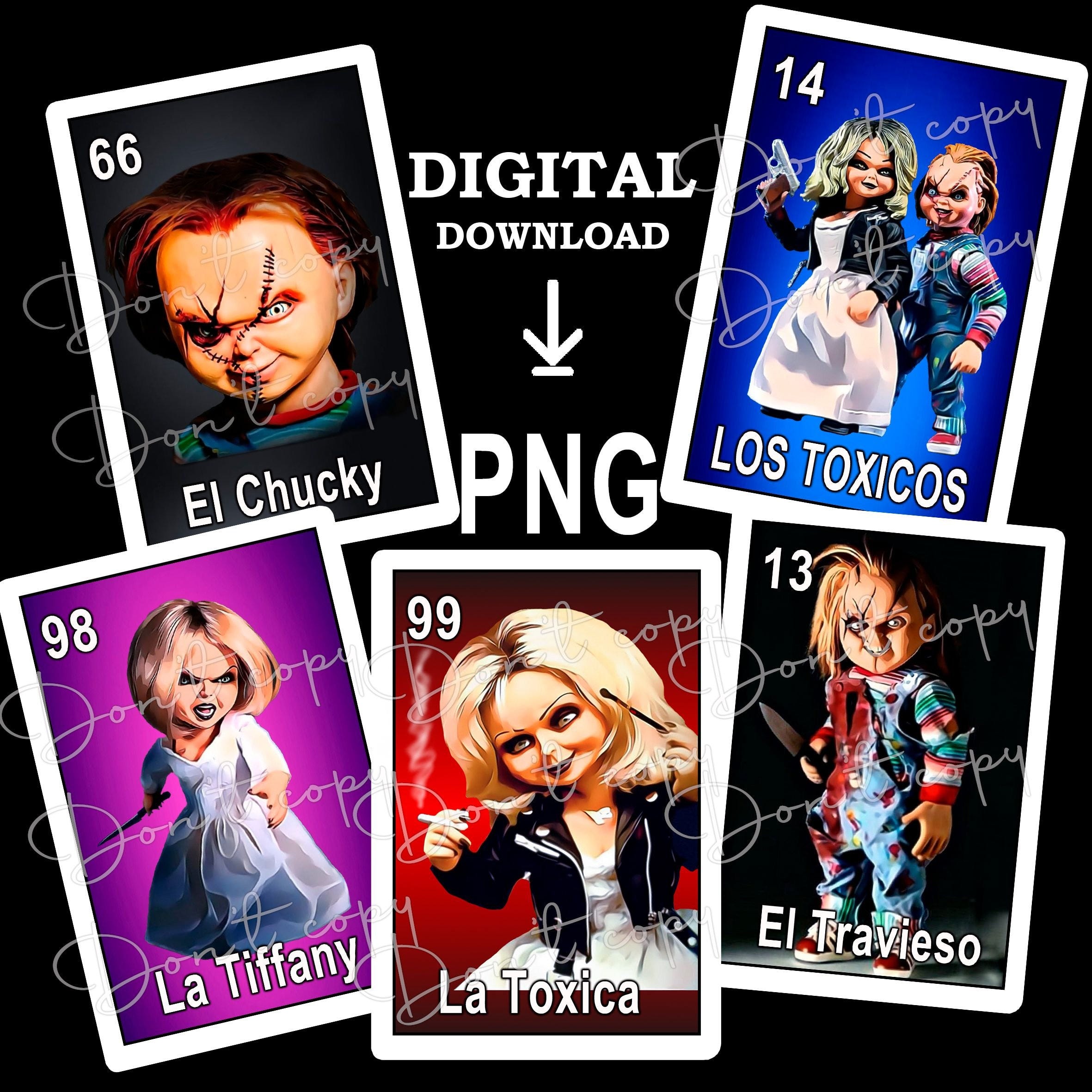 Chucky, Tiffany Loteria Card PNG digital download file, sublimation Mexican Loteria Halloween SET