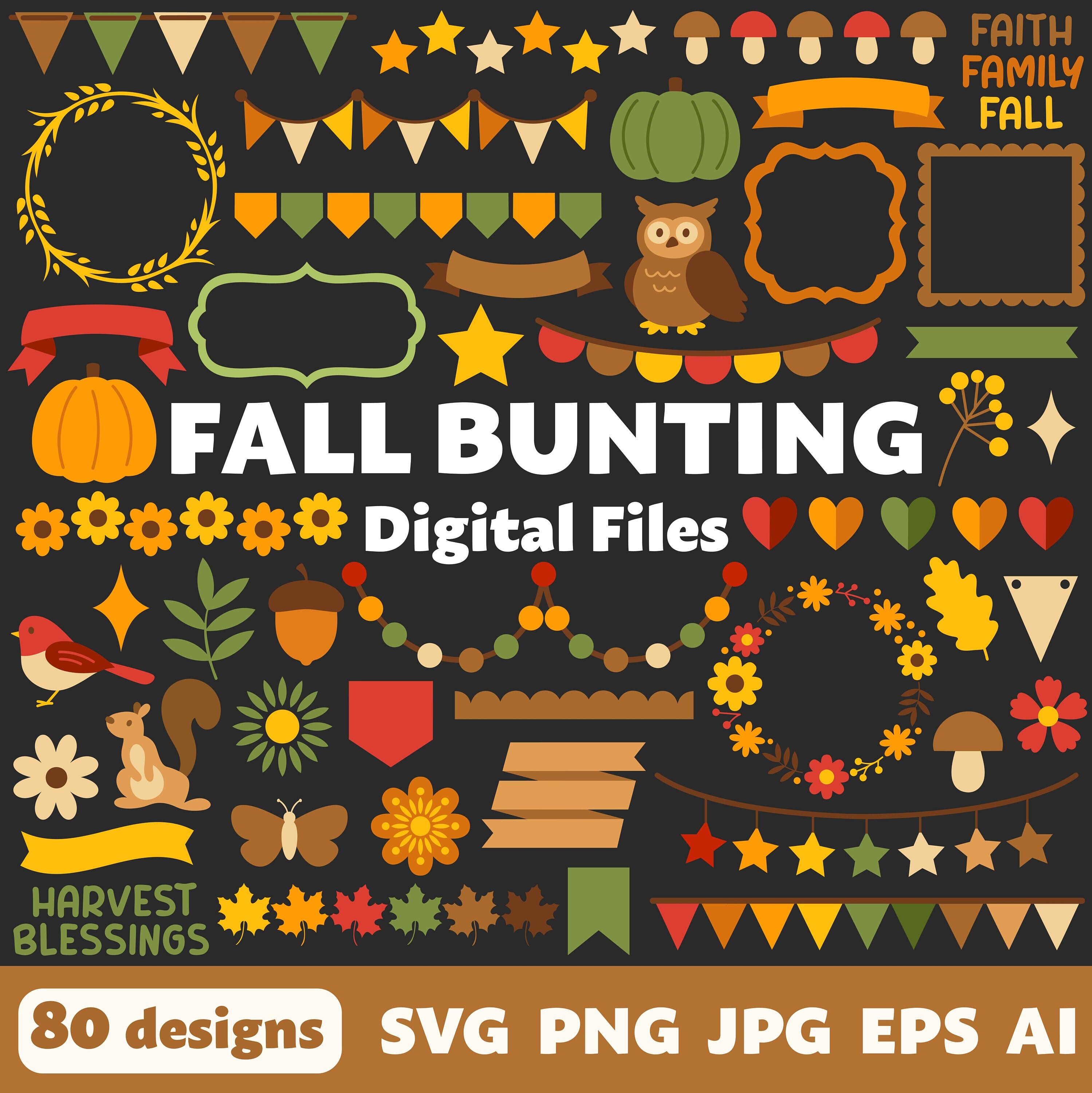 Fall Bunting Digital Files, SVG PNG JPG, Clipart, Cut Files, Cricut, Autumn, Banners, Ribbons, Wreath, Flowers, Labels, Frames, Scrapbooking